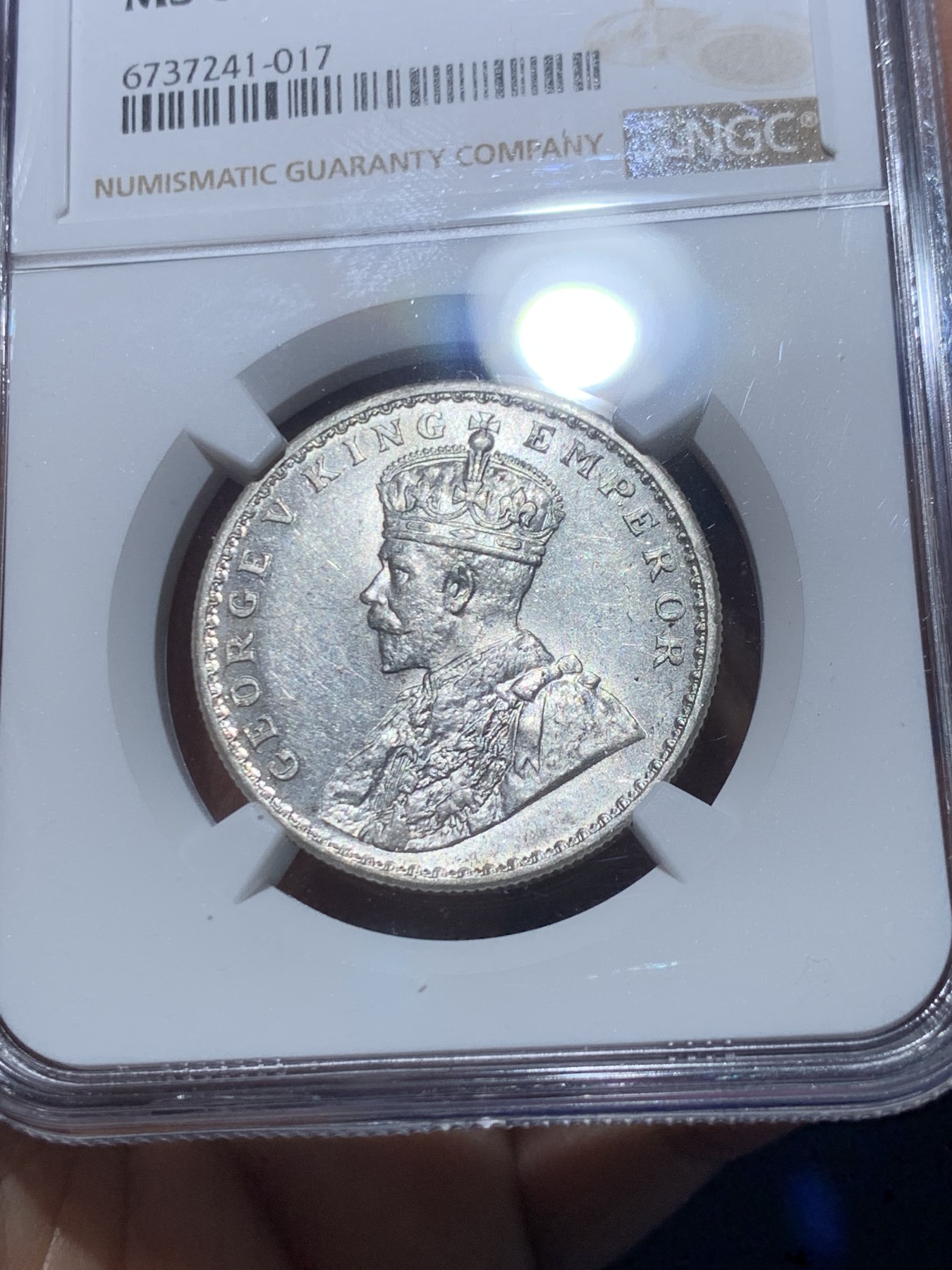 《竞宝斋》第246场-周日，周一 ，周二3场连拍 (全场包邮) NGC MS62 英属印度 1917年 C版 乔五 1卢比银币