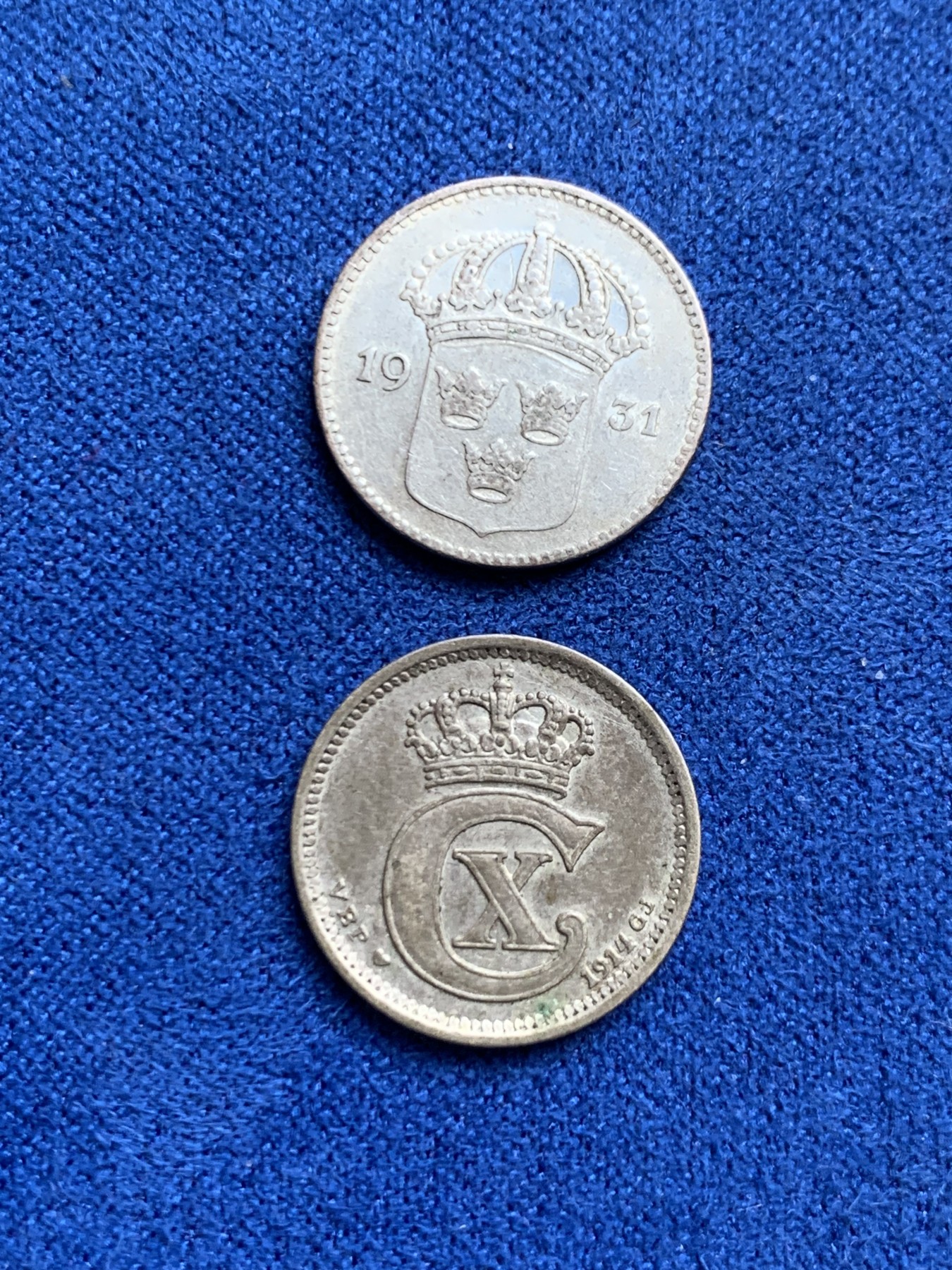 《竞宝斋》第246场-周日，周一 ，周二3场连拍 (全场包邮) 两枚一组 丹麦1914年10欧尔银币+瑞典1931年10欧尔银币