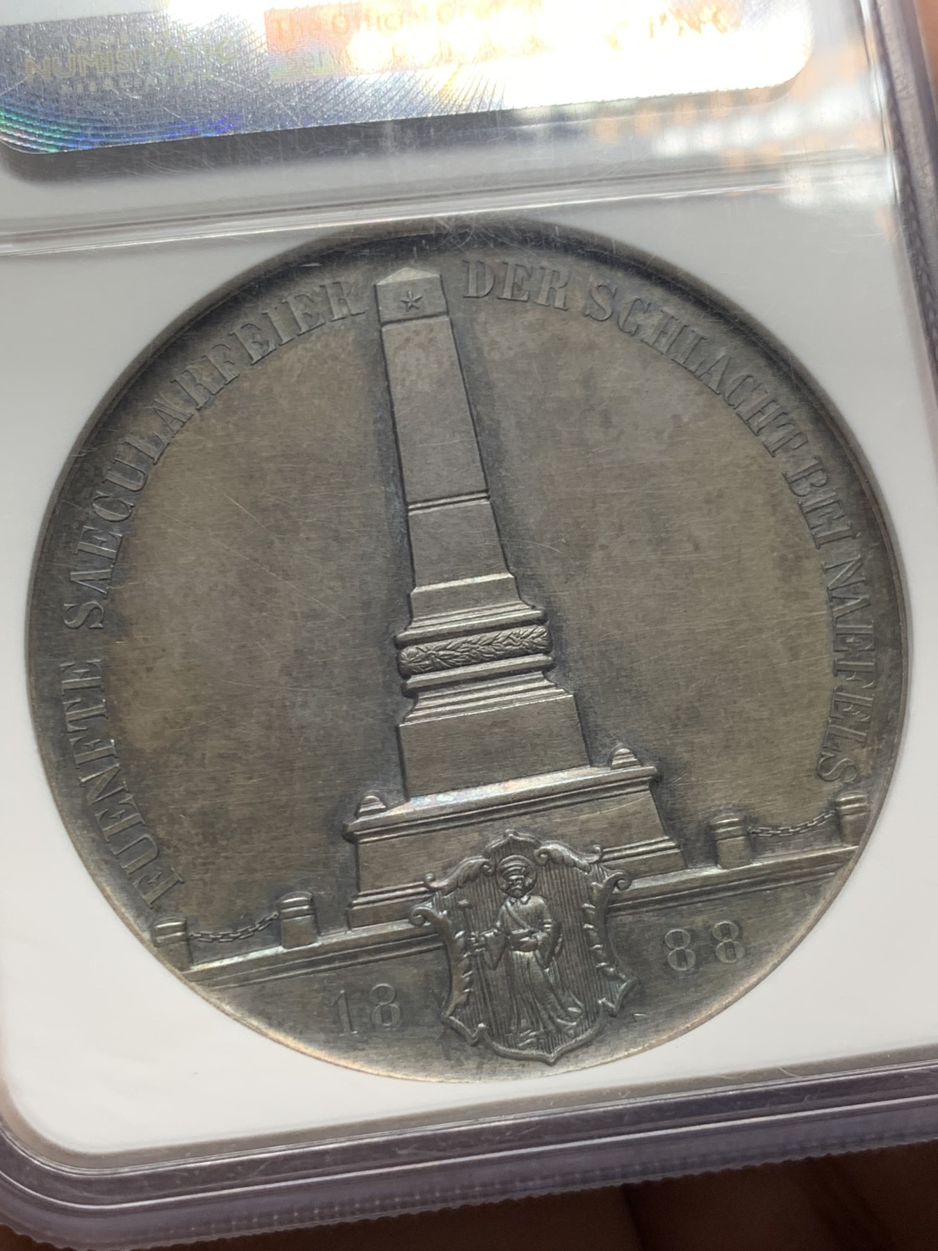 《竞宝斋》第246场-周日，周一 ，周二3场连拍 (全场包邮) NGC MS62 1888年 瑞士格拉鲁斯战役500周年纪念银章  加厚盒 少见品种 老包浆出分不易 去年11月麦稀奇成交价2000