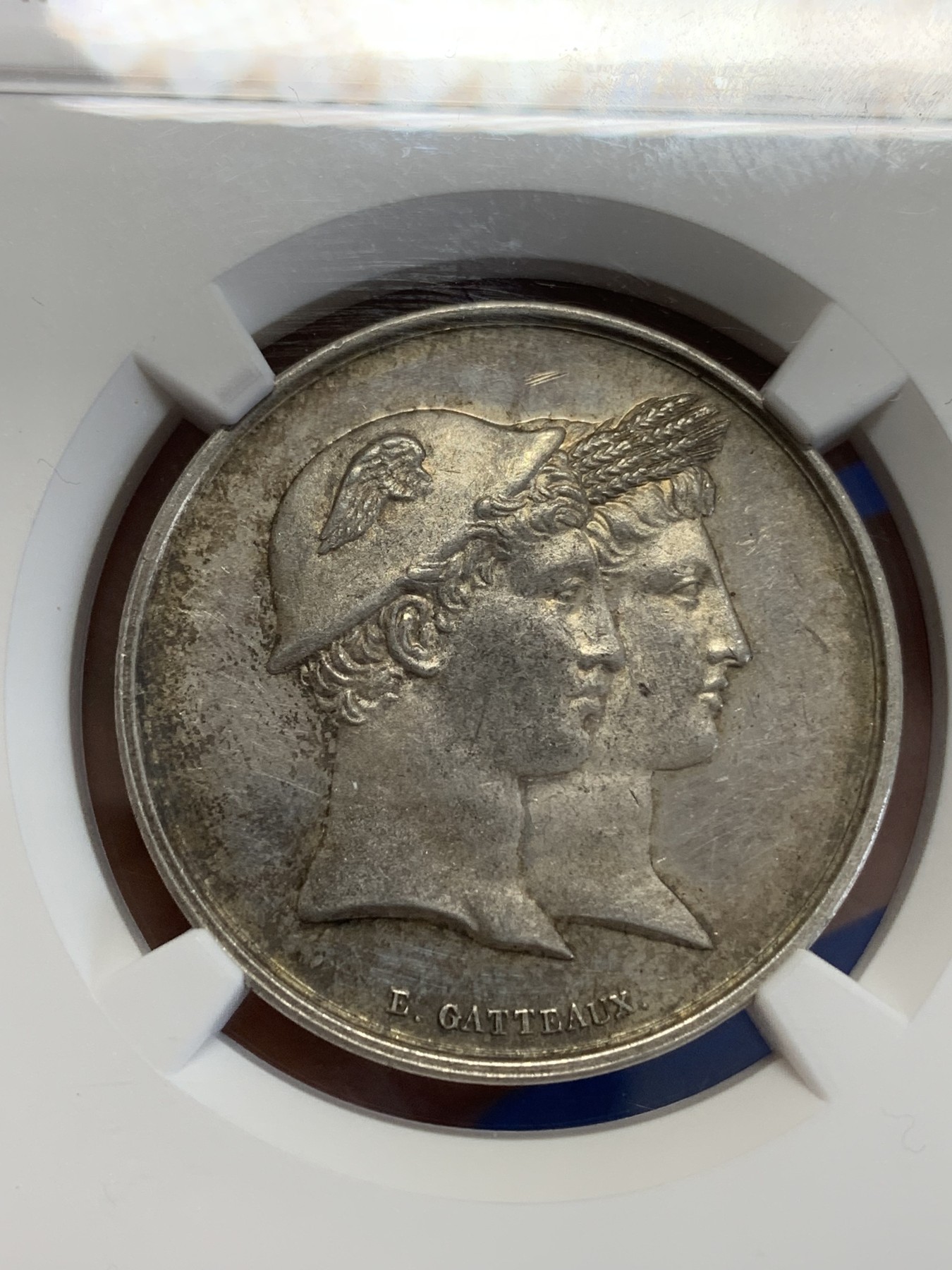 《竞宝斋》第246场-周日，周一 ，周二3场连拍 (全场包邮) NGC MS61 法国卡昂农业协会银制奖章，丰饶角边铭