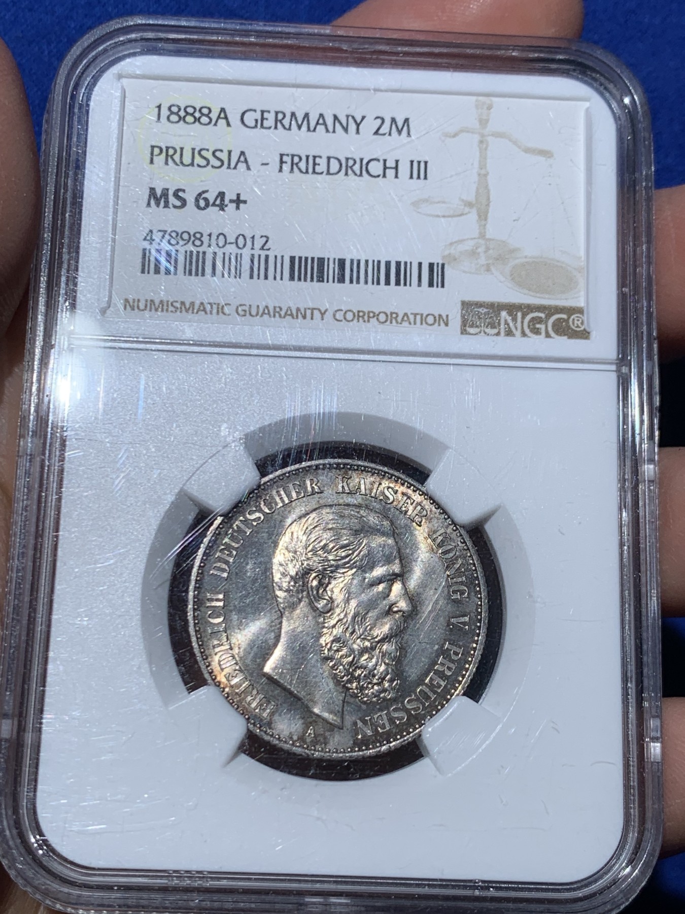 《竞宝斋》第246场-周日，周一 ，周二3场连拍 (全场包邮) NGC MS64+ 德国普鲁士1888三皇年弗里德里希三世 短翅2马克银币 高分好状态