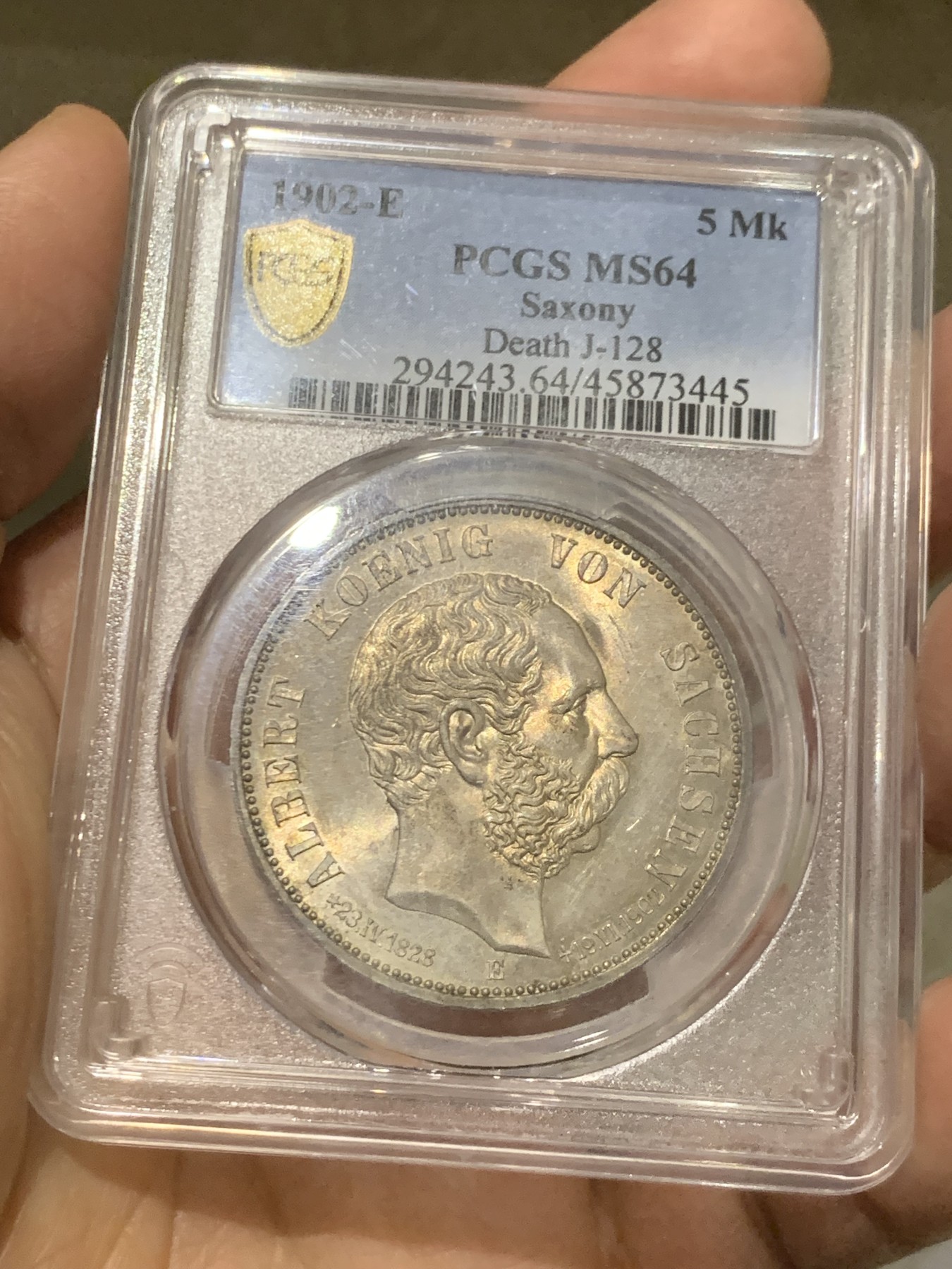 《竞宝斋》第246场-周日，周一 ，周二3场连拍 (全场包邮) PCGS MS64 德国 萨克森1902年5马克银币