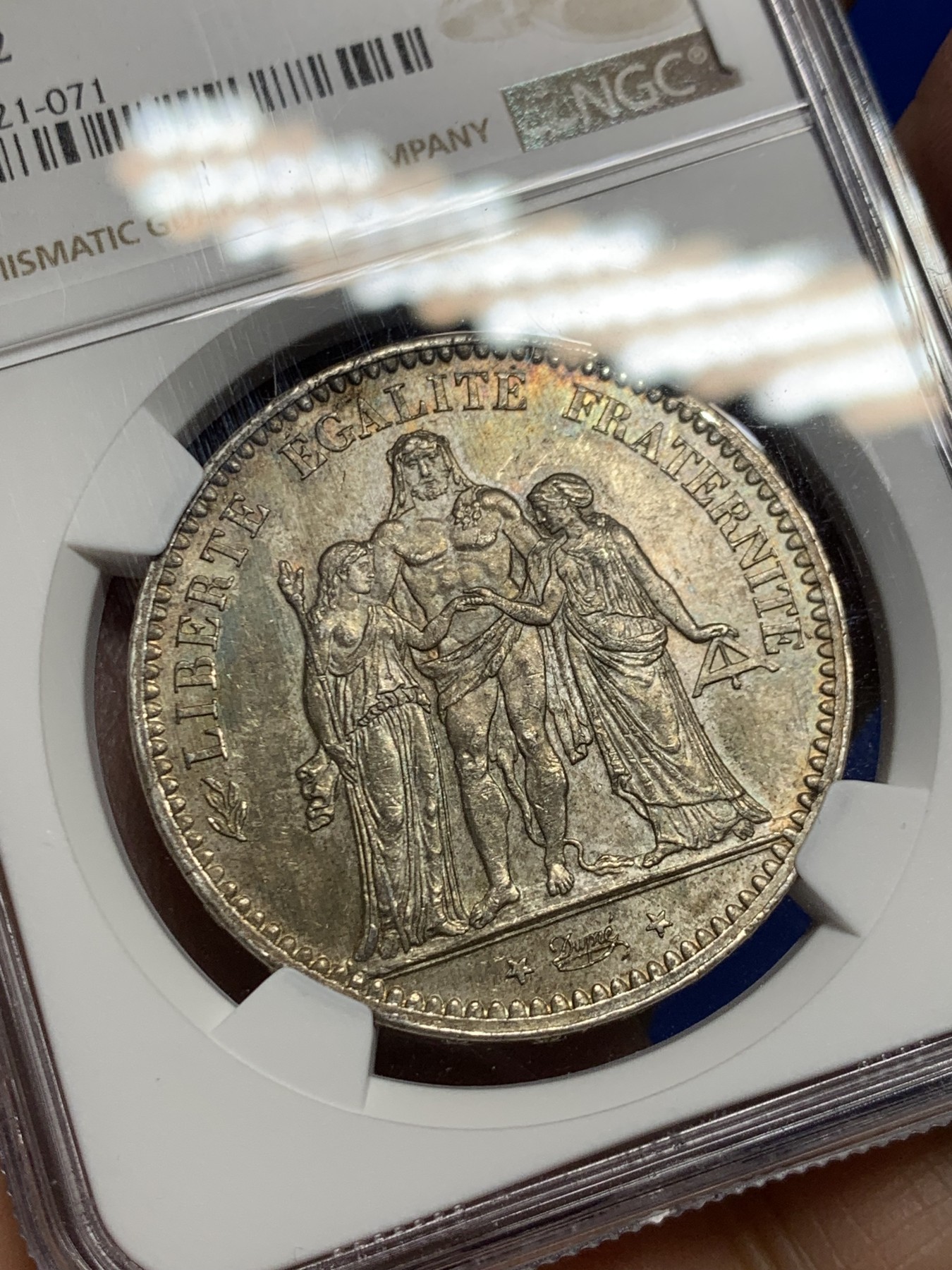 《竞宝斋》第246场-周日，周一 ，周二3场连拍 (全场包邮) NGC MS62 法国1875年大力神5法郎银币 带彩 发行量是1873的1/10