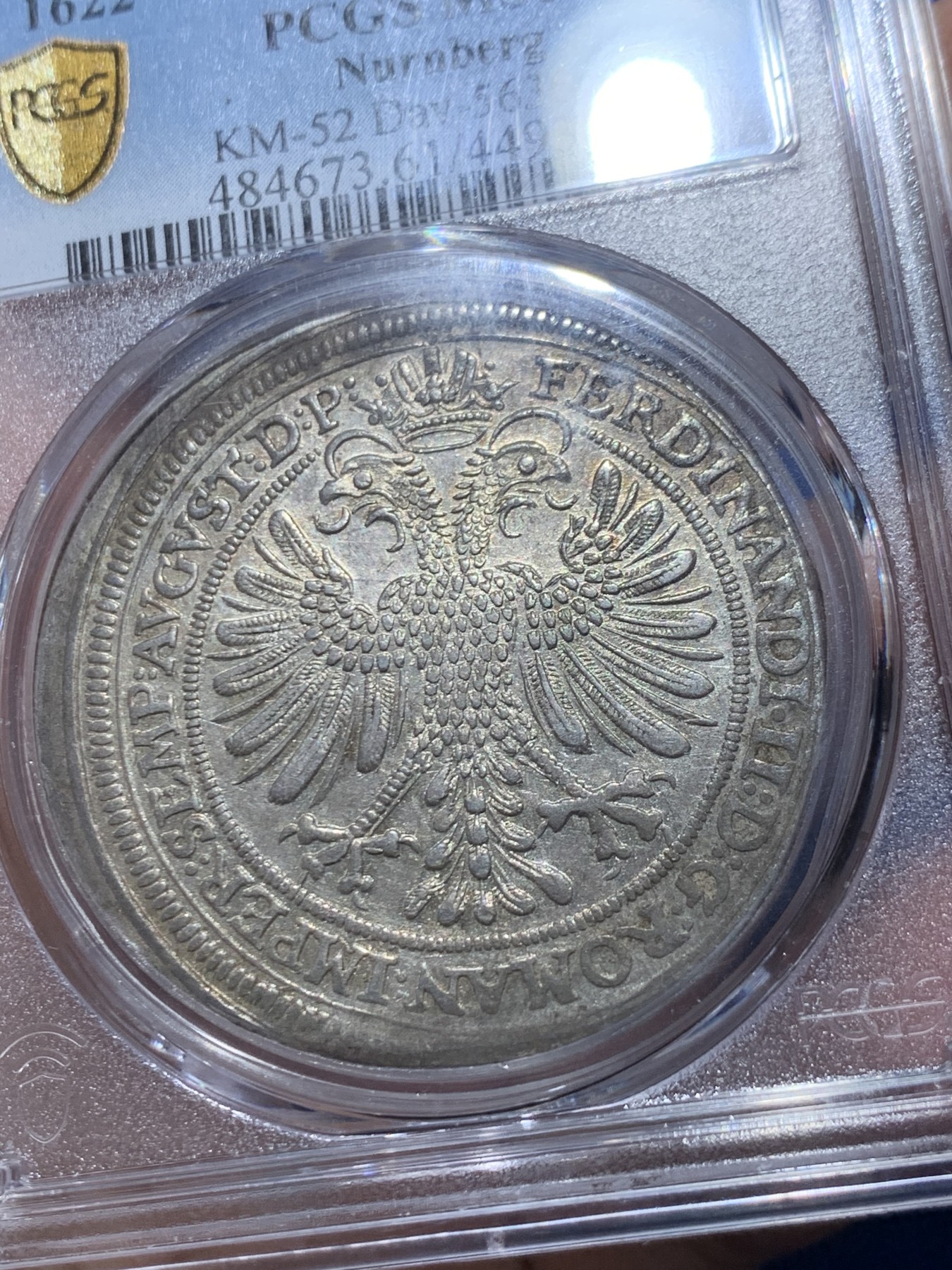 《竞宝斋》第246场-周日，周一 ，周二3场连拍 (全场包邮) PCGS MS61 唯一冠军分 德国1622纽伦堡泰勒银币，稀缺品种，原味好状态，羽毛锋利，个人看低评 盒子支撑小磕