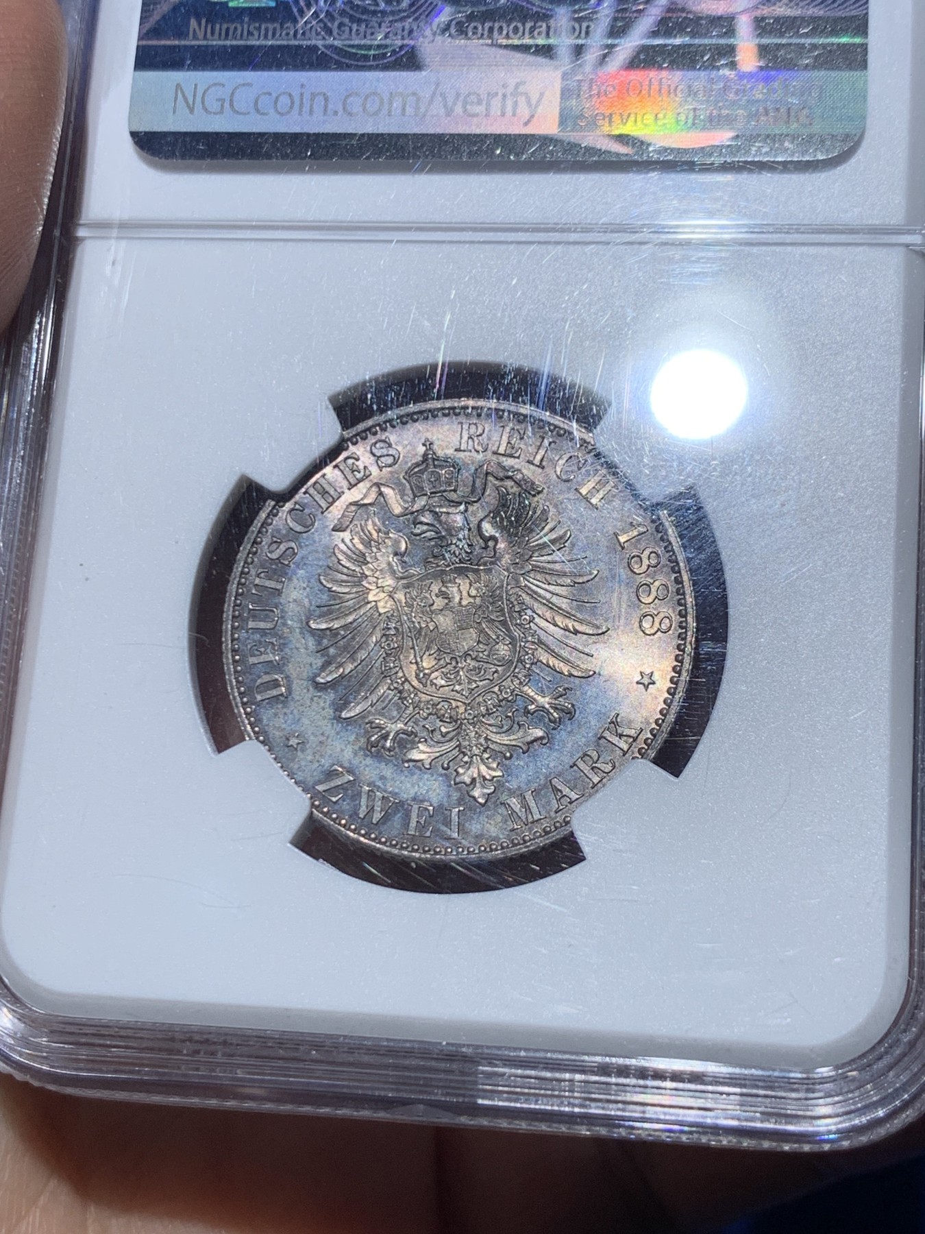 《竞宝斋》第246场-周日，周一 ，周二3场连拍 (全场包邮) NGC MS64+ 德国普鲁士1888三皇年弗里德里希三世 短翅2马克银币 高分好状态