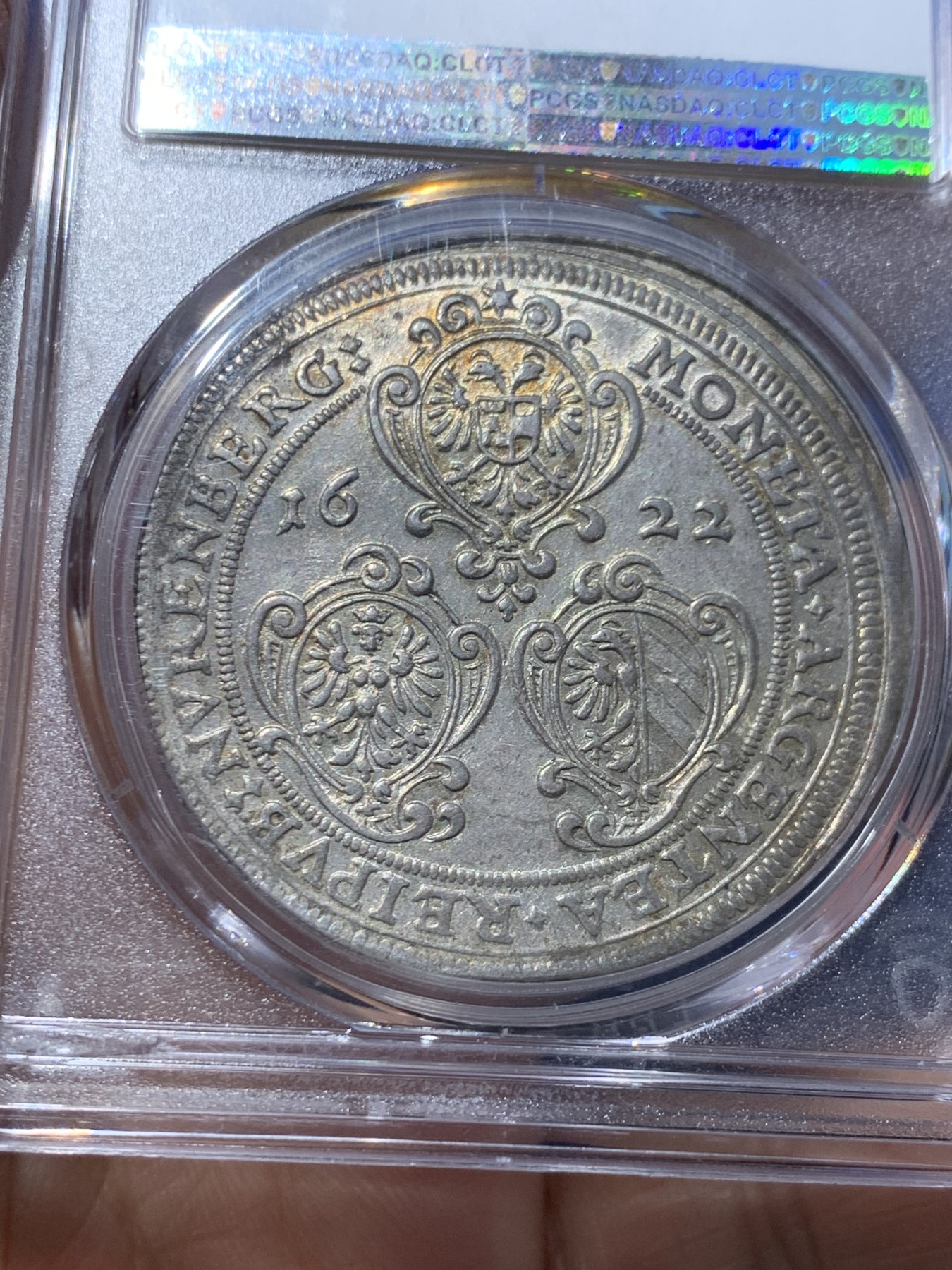 《竞宝斋》第246场-周日，周一 ，周二3场连拍 (全场包邮) PCGS MS61 唯一冠军分 德国1622纽伦堡泰勒银币，稀缺品种，原味好状态，羽毛锋利，个人看低评 盒子支撑小磕
