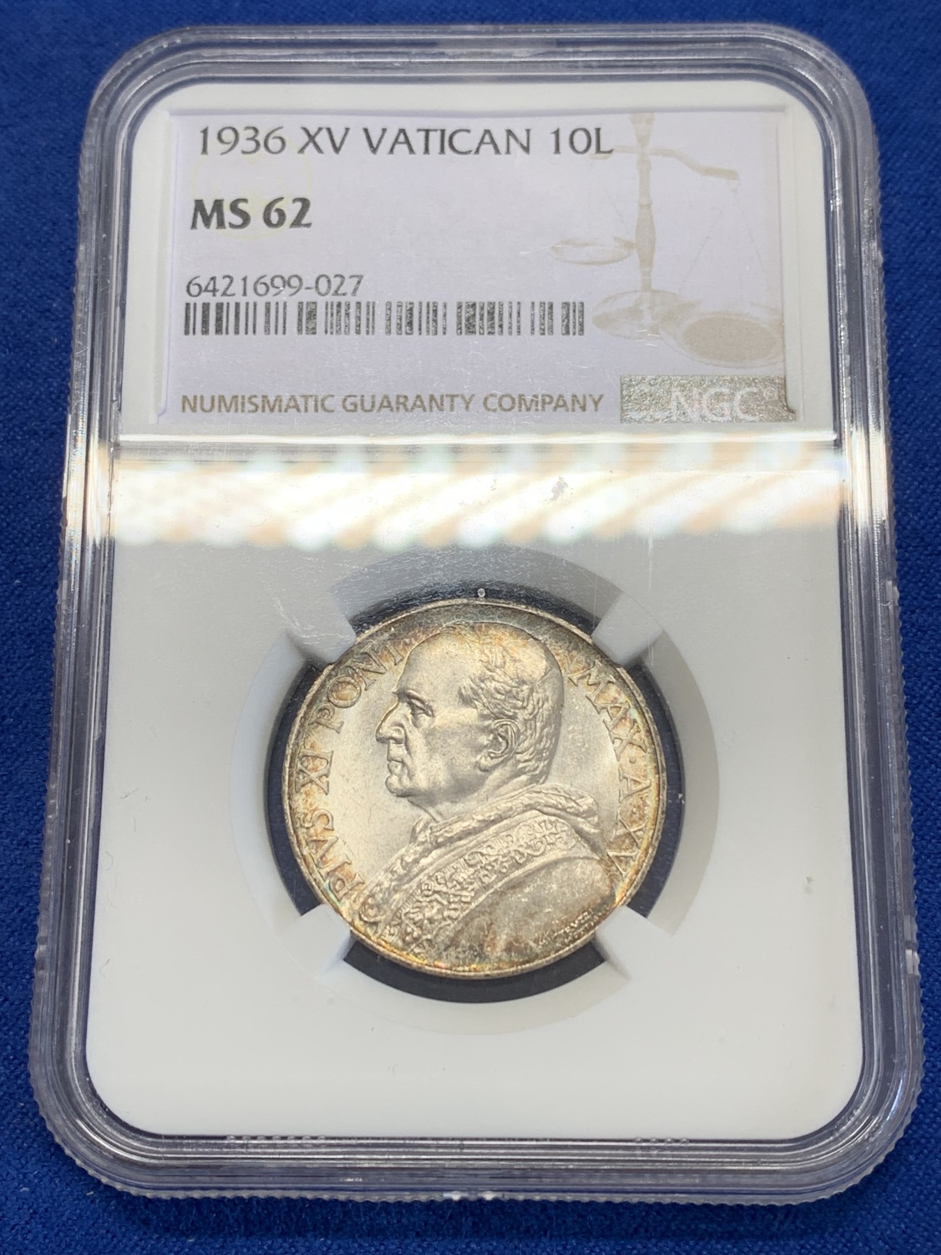 《竞宝斋》第246场-周日，周一 ，周二3场连拍 (全场包邮) NGC MS62 梵蒂冈教皇国1936圣母抱婴10里拉银币 原光五彩 状态一流