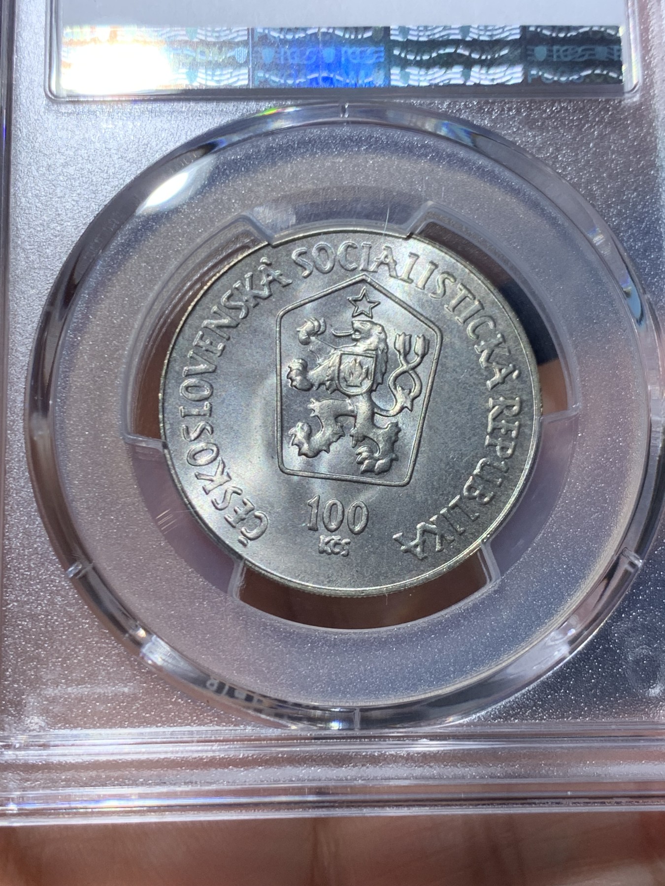 《竞宝斋》第246场-周日，周一 ，周二3场连拍 (全场包邮) PCGS金盾 MS68 捷克斯洛伐克1984年100克朗银币，冠军分