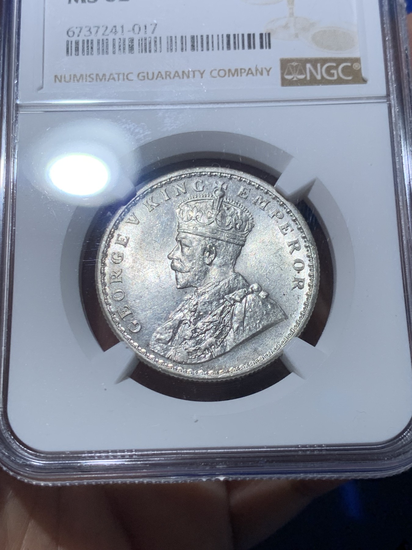 《竞宝斋》第246场-周日，周一 ，周二3场连拍 (全场包邮) NGC MS62 英属印度 1917年 C版 乔五 1卢比银币