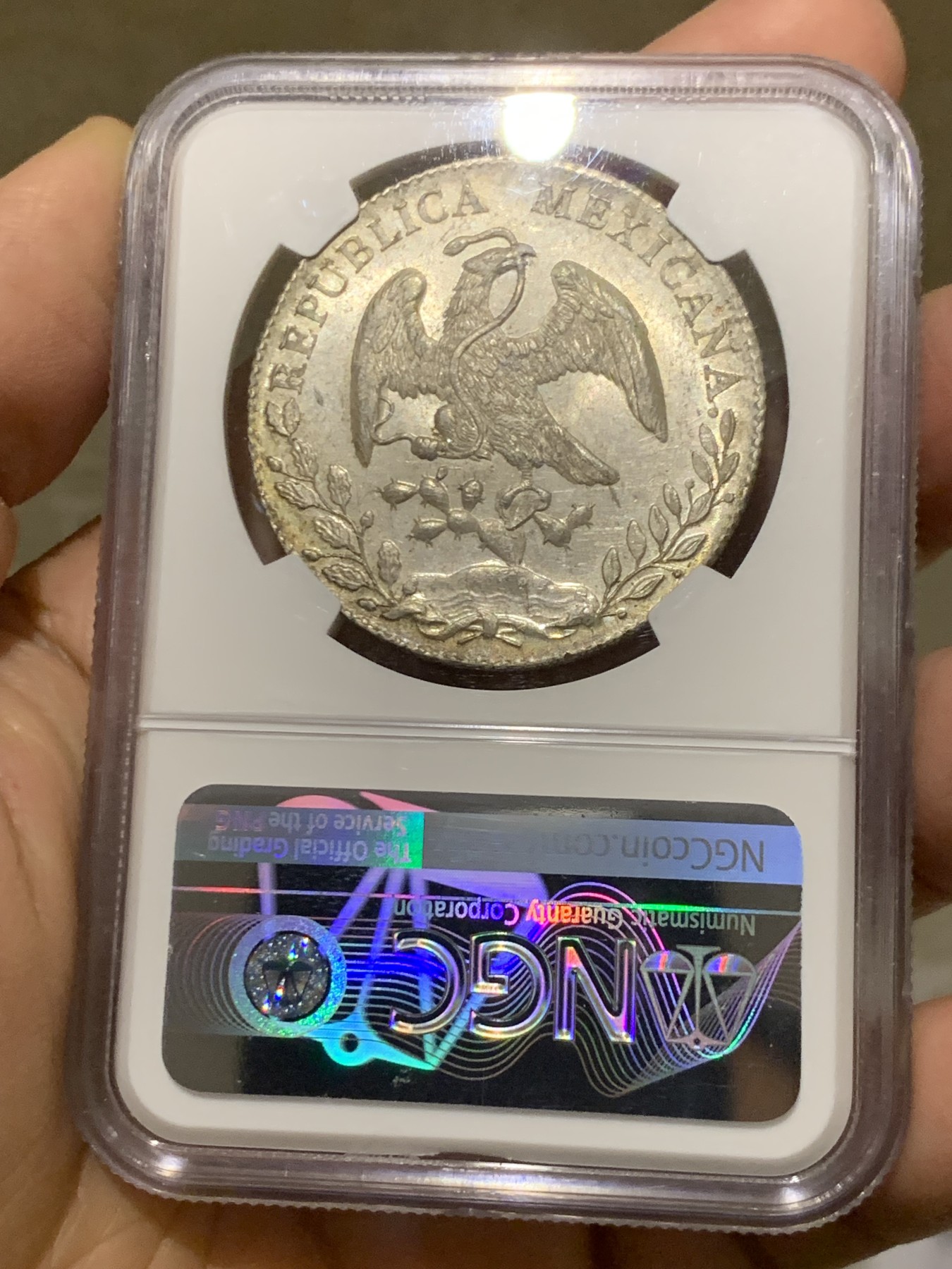 《竞宝斋》第246场-周日，周一 ，周二3场连拍 (全场包邮) NGC MS63 墨西哥1893年花边鹰洋 全羽毛 原光 丝绸底板