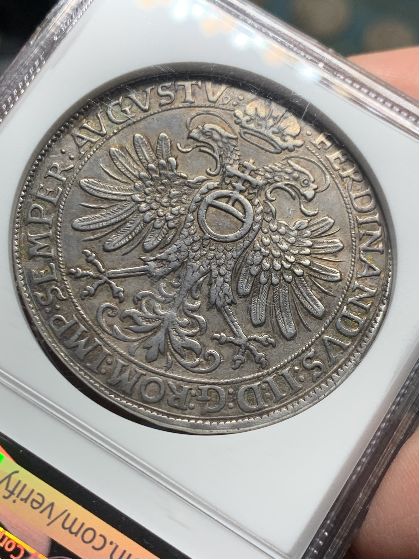 《竞宝斋》第246场-周日，周一 ，周二3场连拍 (全场包邮) NGC AU53 德国1624年霍亨洛赫-诺伊施坦因泰勒 单年版的武士骑马人像 老包浆带底光 盔甲和鹰徽的羽毛清晰深打 品相打制都不如这个的裸币 普遍2000+欧元了