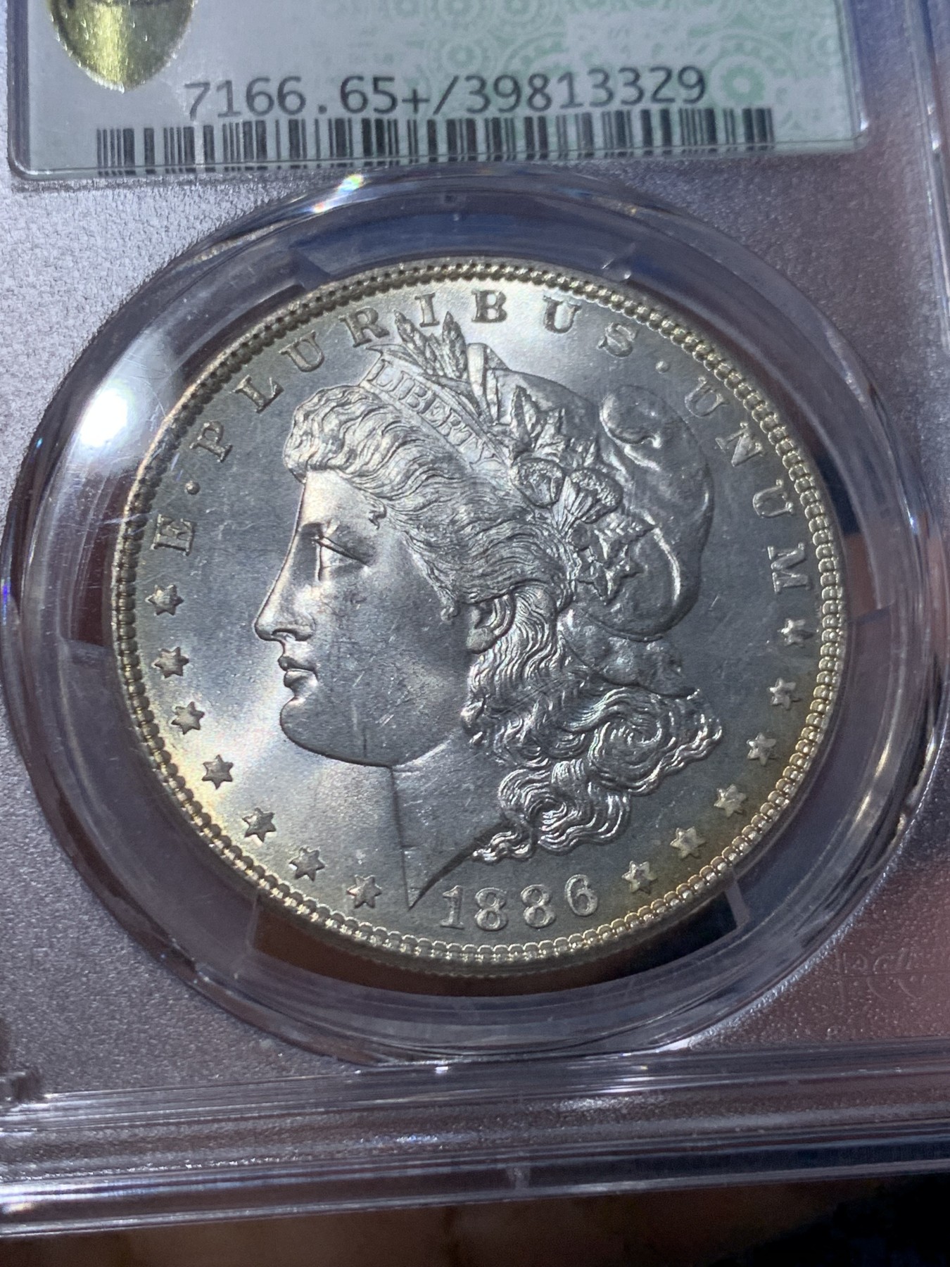 《竞宝斋》第246场-周日，周一 ，周二3场连拍 (全场包邮) PCGS MS65+ 美国1886年摩根银币，双面淡金彩