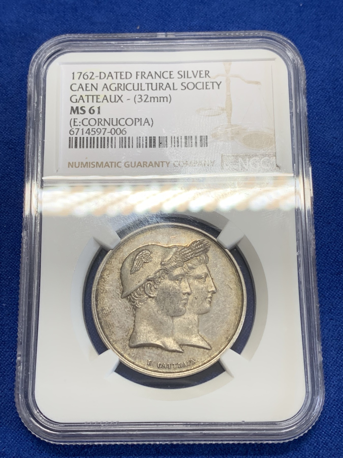 《竞宝斋》第246场-周日，周一 ，周二3场连拍 (全场包邮) NGC MS61 法国卡昂农业协会银制奖章，丰饶角边铭