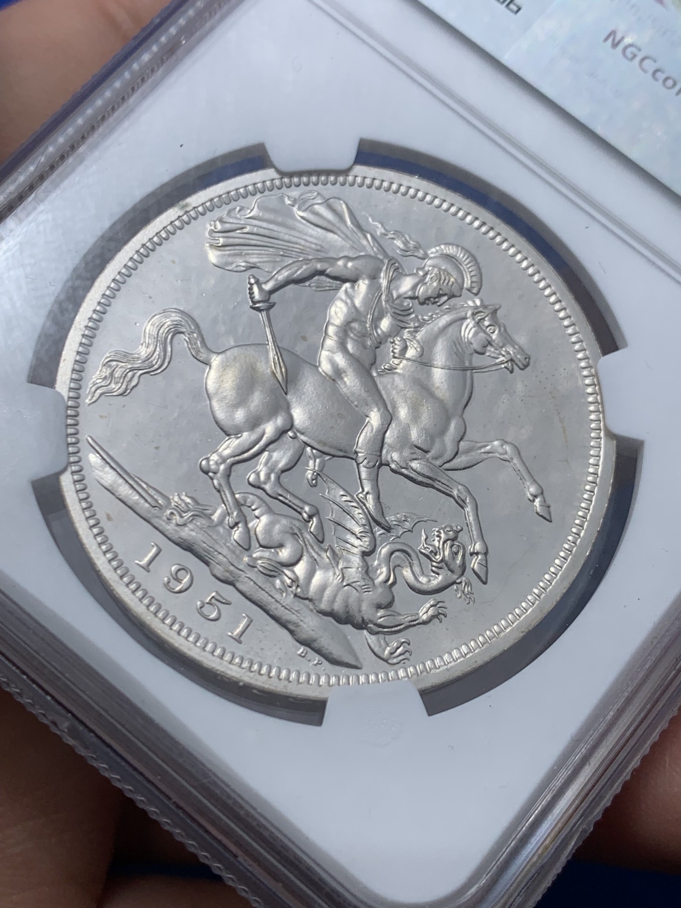 《竞宝斋》第246场-周日，周一 ，周二3场连拍 (全场包邮) NGC PL63 英国1951年乔治六世克朗 最后的镍马剑