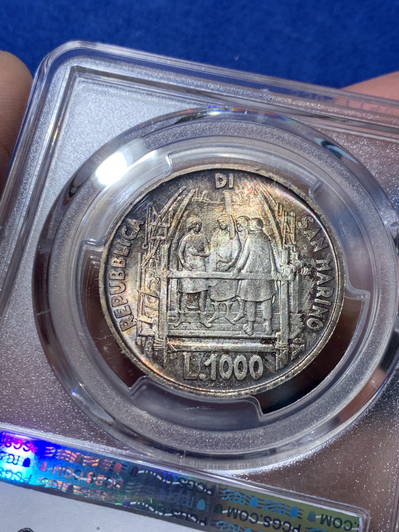 《竞宝斋》第246场-周日，周一 ，周二3场连拍 (全场包邮) PCGS MS65 圣马力诺1977年圣母百花大教堂建筑师——菲利普1000里拉纪念银币