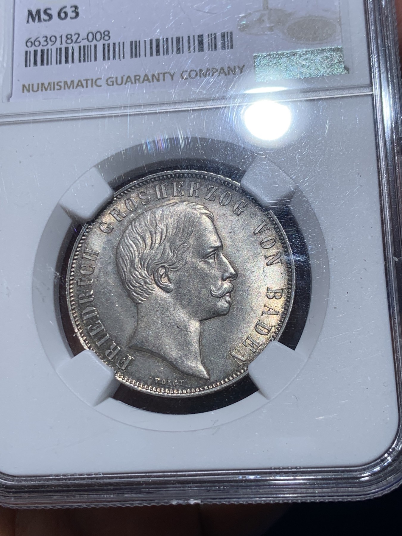 《竞宝斋》第246场-周日，周一 ，周二3场连拍 (全场包邮) NGC MS63 德国巴登1863年射击节1盾银币 少见品种 状态非常好