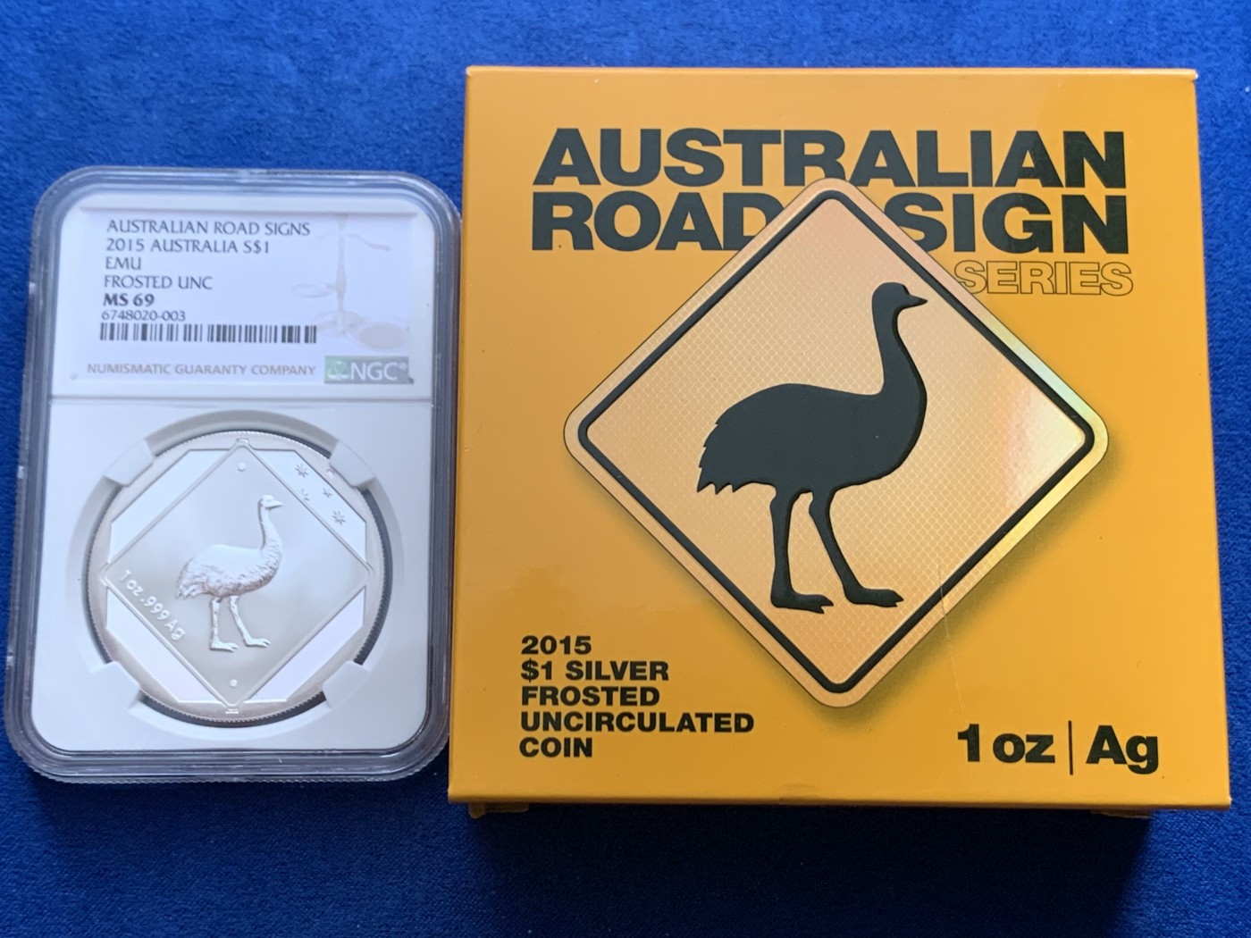 《竞宝斋》第246场-周日，周一 ，周二3场连拍 (全场包邮) NGC MS69 澳大利亚2015年鸸鹋1元银币 原盒装含证书