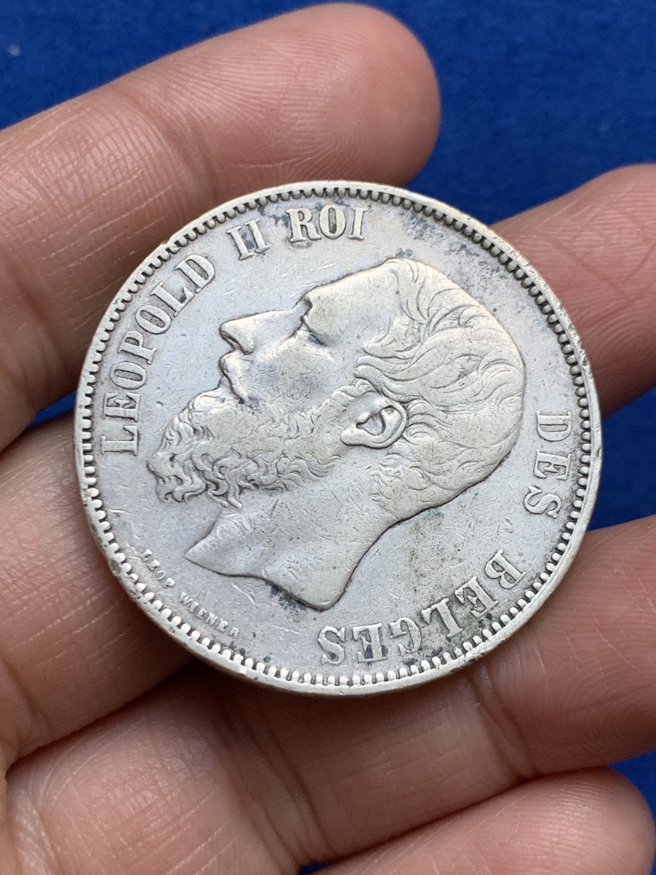 《竞宝斋》第246场-周日，周一 ，周二3场连拍 (全场包邮) 比利时1870年利奥波德二世5法郎银币