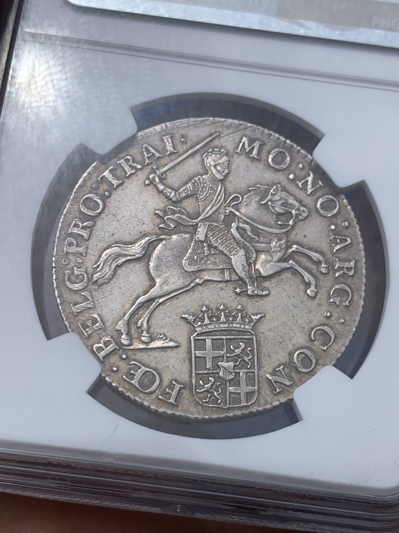 《竞宝斋》第246场-周日，周一 ，周二3场连拍 (全场包邮) NGC MS62 荷兰乌特勒支小马剑1/2杜卡特银币 骑士和战马栩栩如生