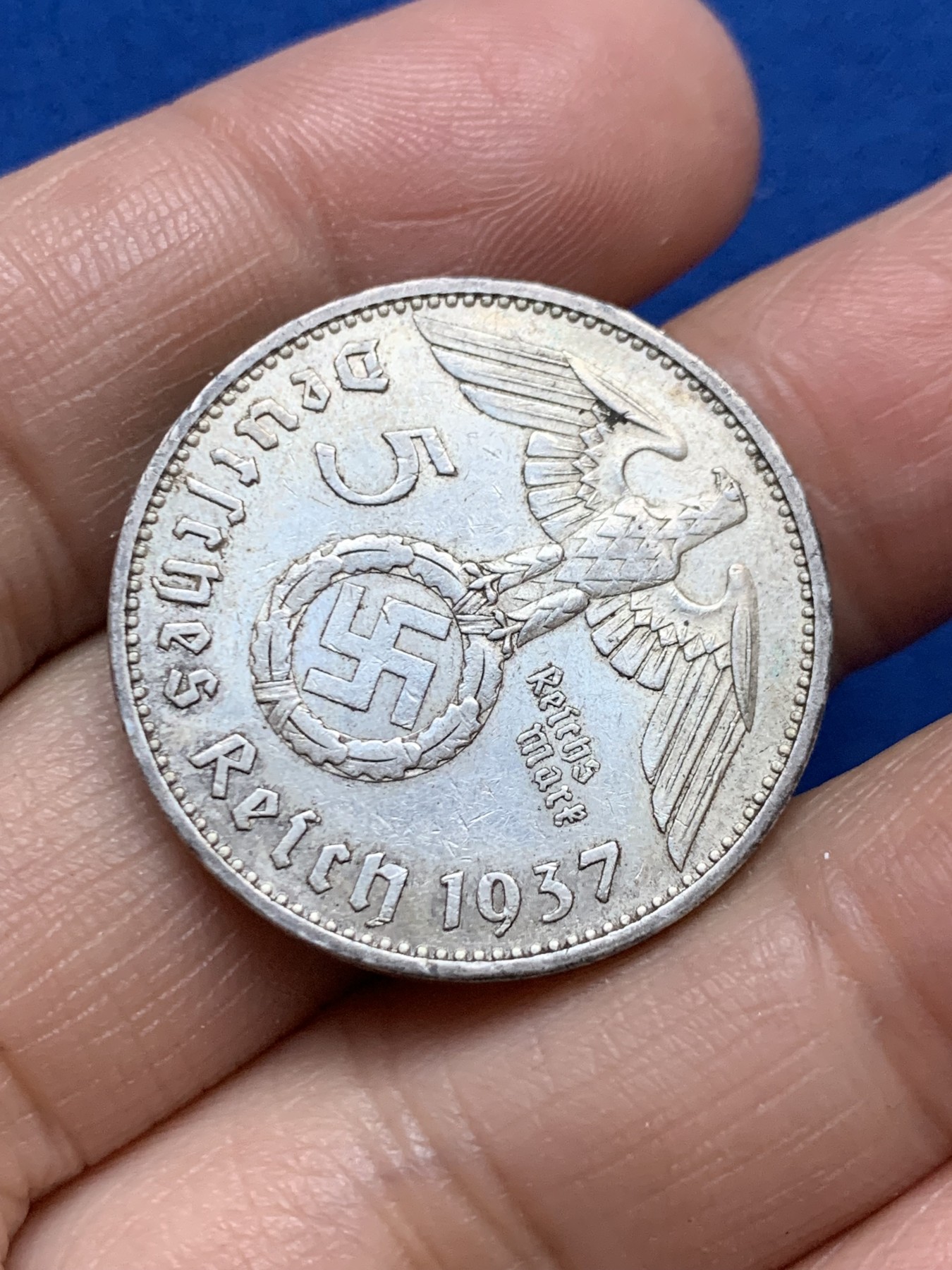 《竞宝斋》第246场-周日，周一 ，周二3场连拍 (全场包邮) 德国1937年兴登堡5马克银币