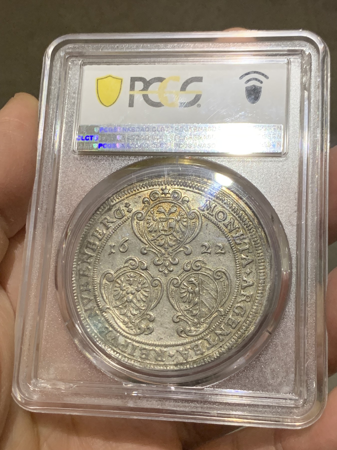 《竞宝斋》第246场-周日，周一 ，周二3场连拍 (全场包邮) PCGS MS61 唯一冠军分 德国1622纽伦堡泰勒银币，稀缺品种，原味好状态，羽毛锋利，个人看低评 盒子支撑小磕