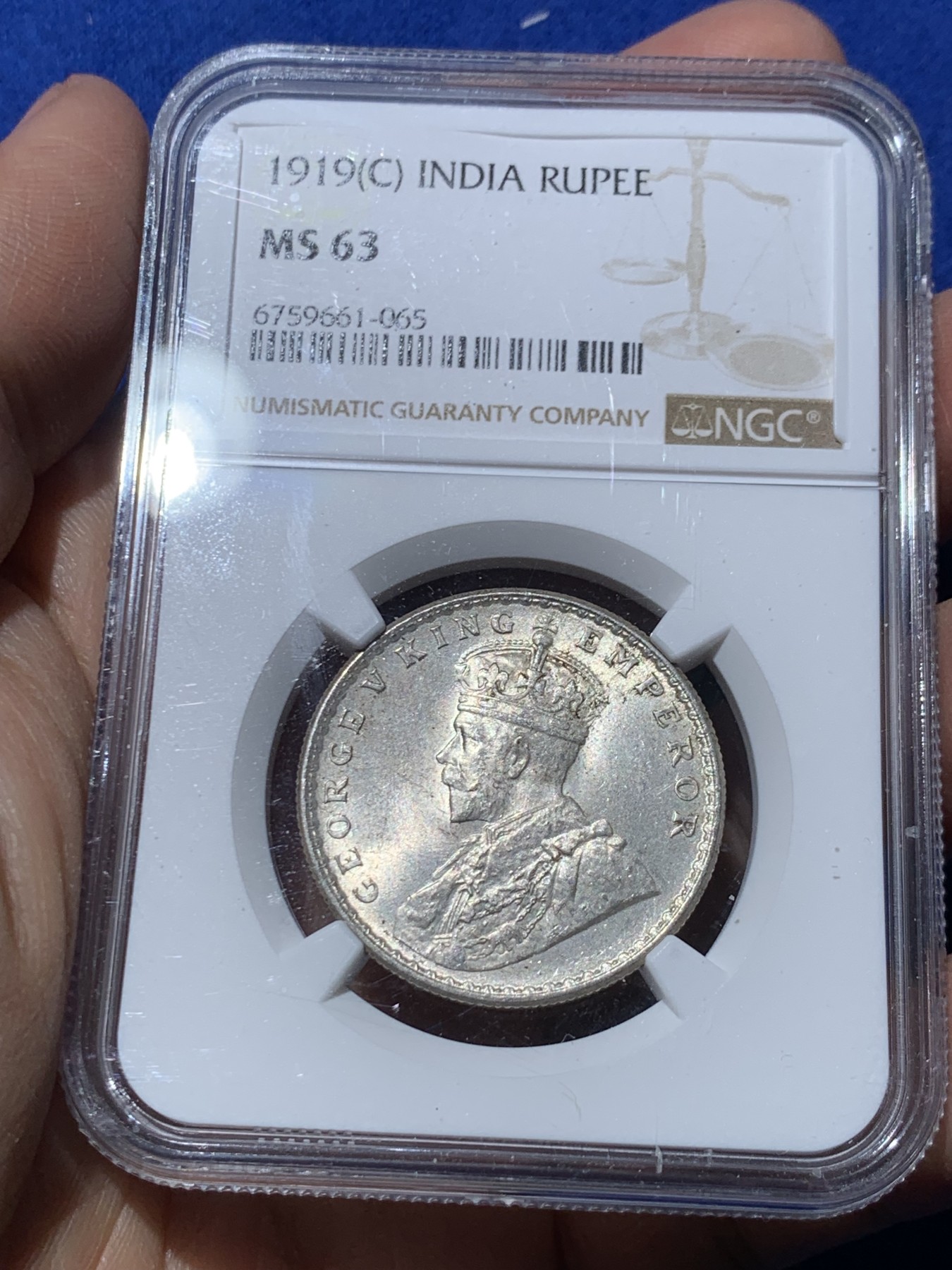 《竞宝斋》第246场-周日，周一 ，周二3场连拍 (全场包邮) NGC MS63 英属印度1919年 乔五1卢比 英属殖民地必备
