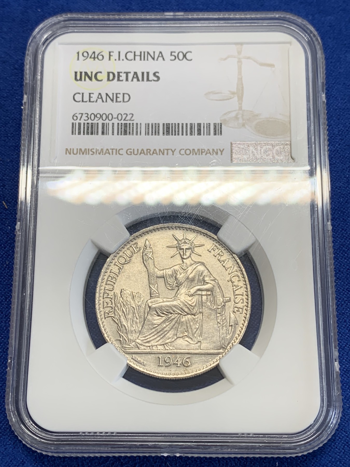 《竞宝斋》第246场-周日，周一 ，周二3场连拍 (全场包邮) NGC-UNCD 法属印支1946年坐洋50分镍币，细节非常好。
