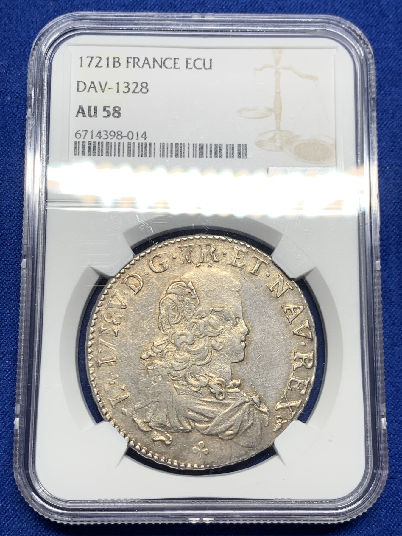 《竞宝斋》第246场-周日，周一 ，周二3场连拍 (全场包邮) 唯一冠军分 NGC AU58 法国 1721 路易十五 少年版 1埃居 大银币 少见B厂 双面深打 背面币胚人像可见 P62分2万成交