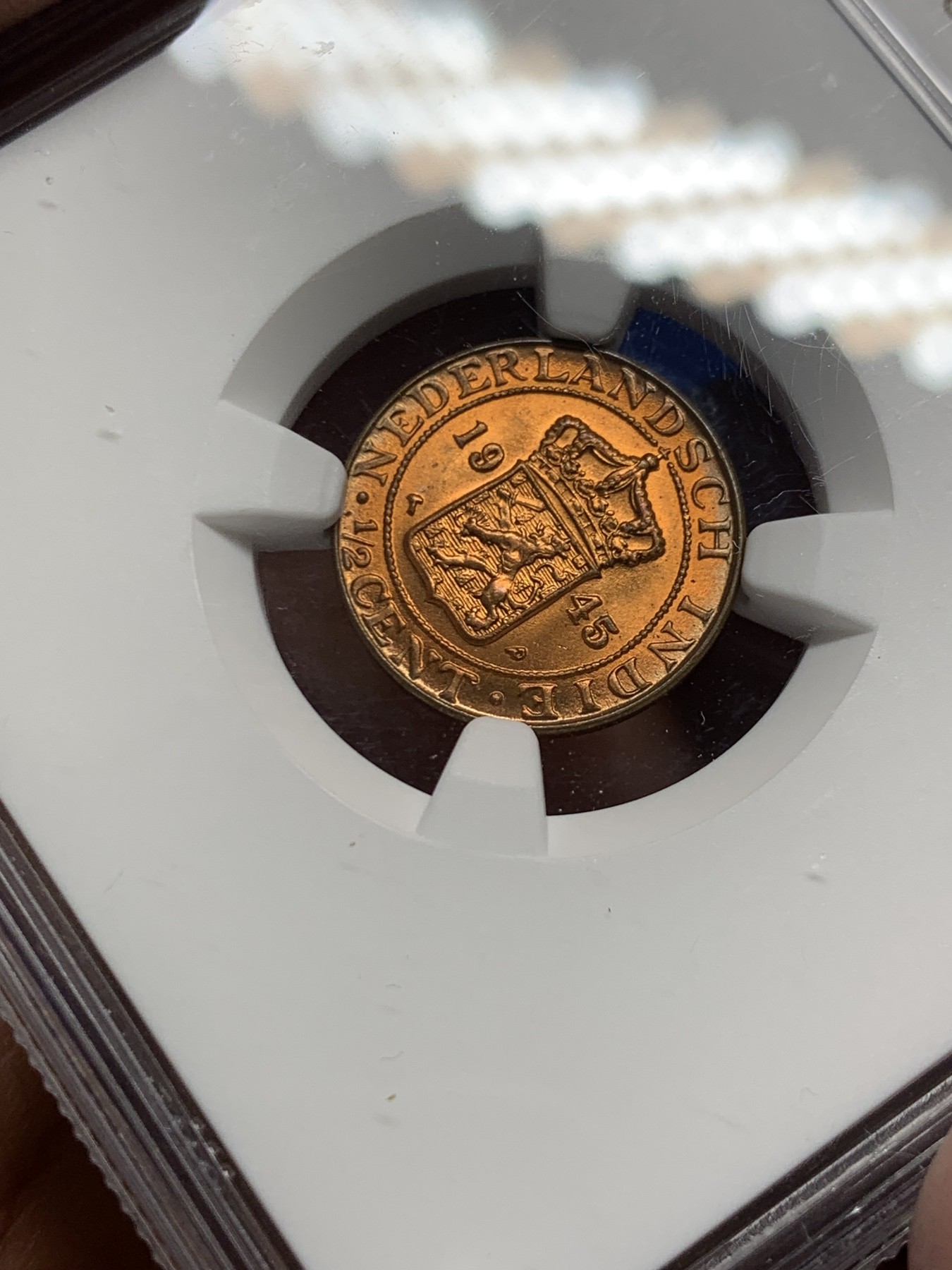 《竞宝斋》第246场-周日，周一 ，周二3场连拍 (全场包邮) NGC MS66RB 荷属东印度群岛（今印尼）1945年P版1/2 半分 铜币