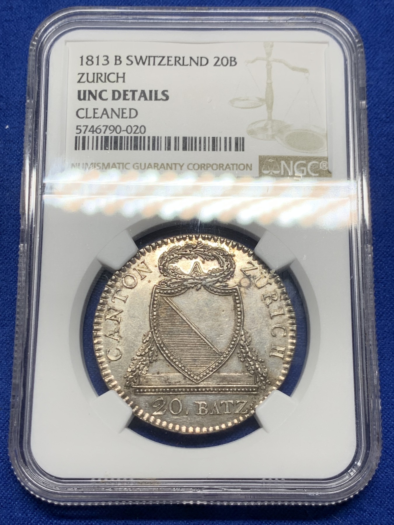 《竞宝斋》第246场-周日，周一 ，周二3场连拍 (全场包邮) NGC UNC 瑞士1813-B苏黎世20巴增银币 黑五彩 单一发行年份 十分稀缺的品种 克书价高