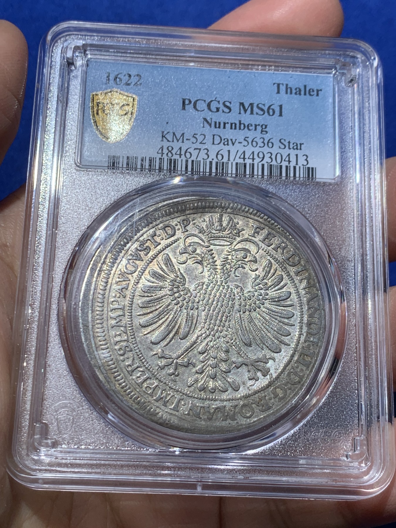 《竞宝斋》第246场-周日，周一 ，周二3场连拍 (全场包邮) PCGS MS61 唯一冠军分 德国1622纽伦堡泰勒银币，稀缺品种，原味好状态，羽毛锋利，个人看低评 盒子支撑小磕