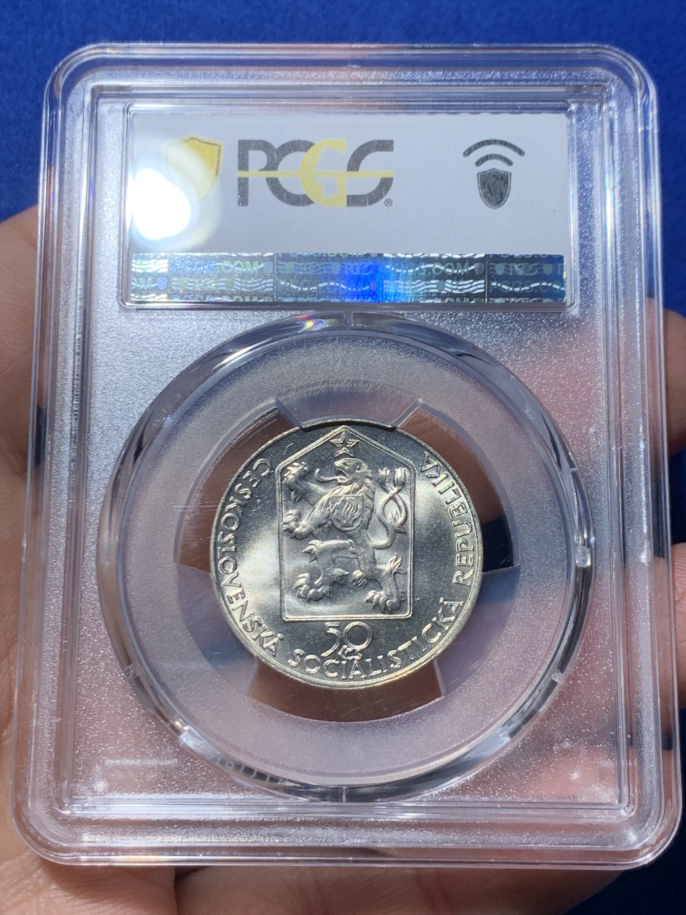 《竞宝斋》第246场-周日，周一 ，周二3场连拍 (全场包邮) PCGS金盾 MS68 捷克斯洛伐克1989年铁路纪念50克朗银币，冠军分