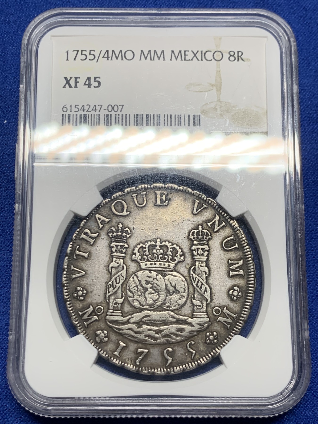 《竞宝斋》第246场-周日，周一 ，周二3场连拍 (全场包邮) NGC XF45 西属墨西哥1755/4地球双柱 少见骑字版 原味老包浆 全深打 味道状态都很不错