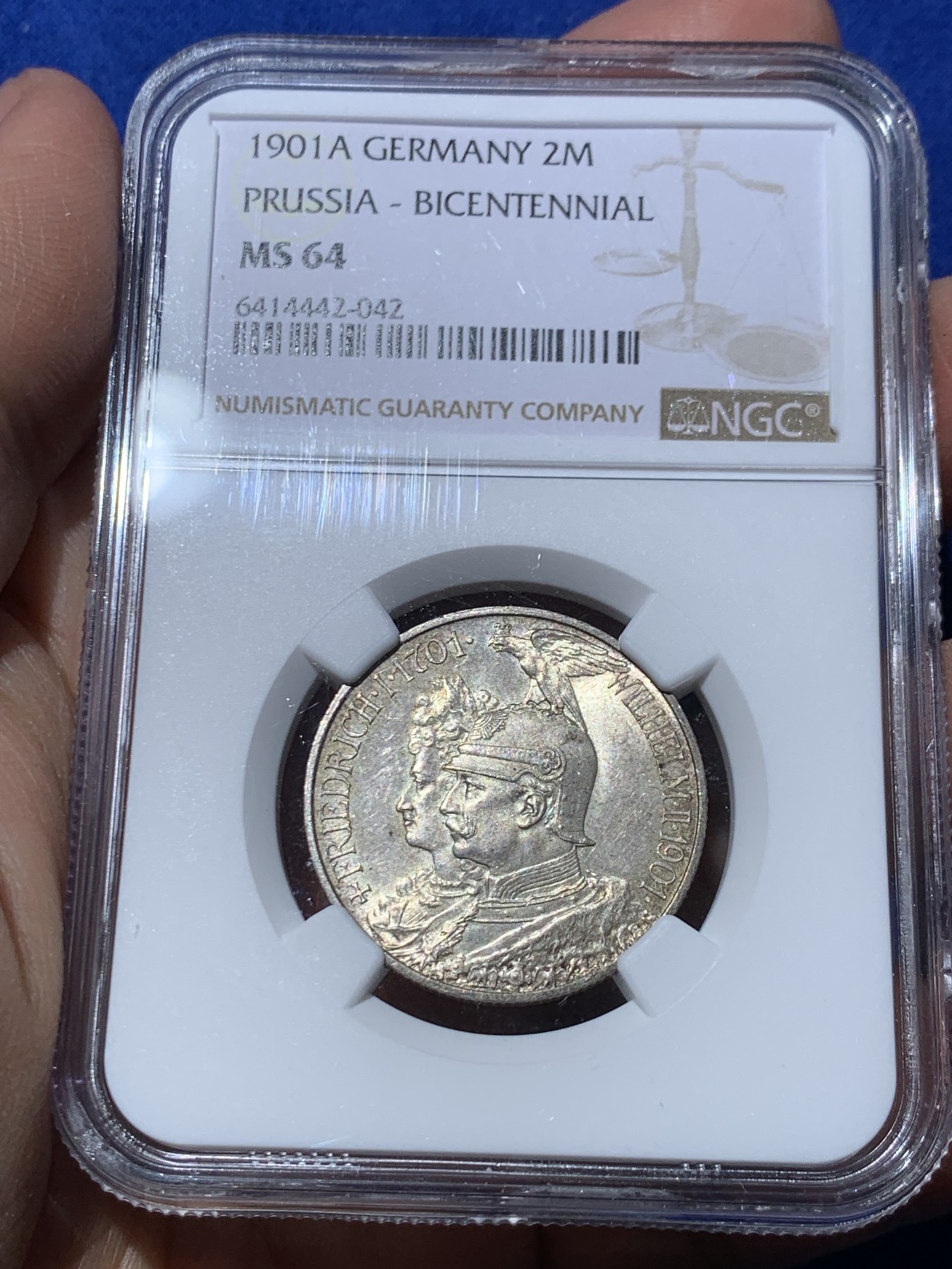 《竞宝斋》第246场-周日，周一 ，周二3场连拍 (全场包邮) NGC-MS64 德国1901年普鲁士2马克银币