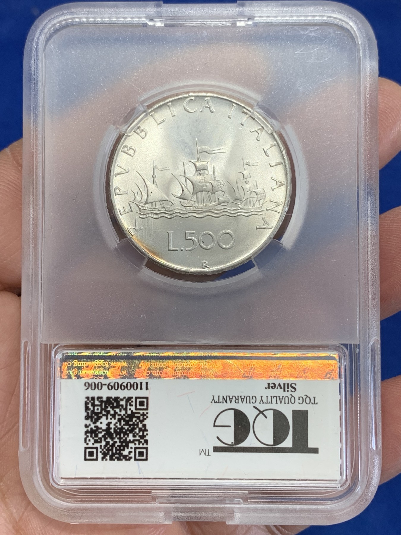 《竞宝斋》第246场-周日，周一 ，周二3场连拍 (全场包邮) TQG-MS66 意大利 1966年 帆船少女500里拉银币 卷拆品 淡金月牙彩