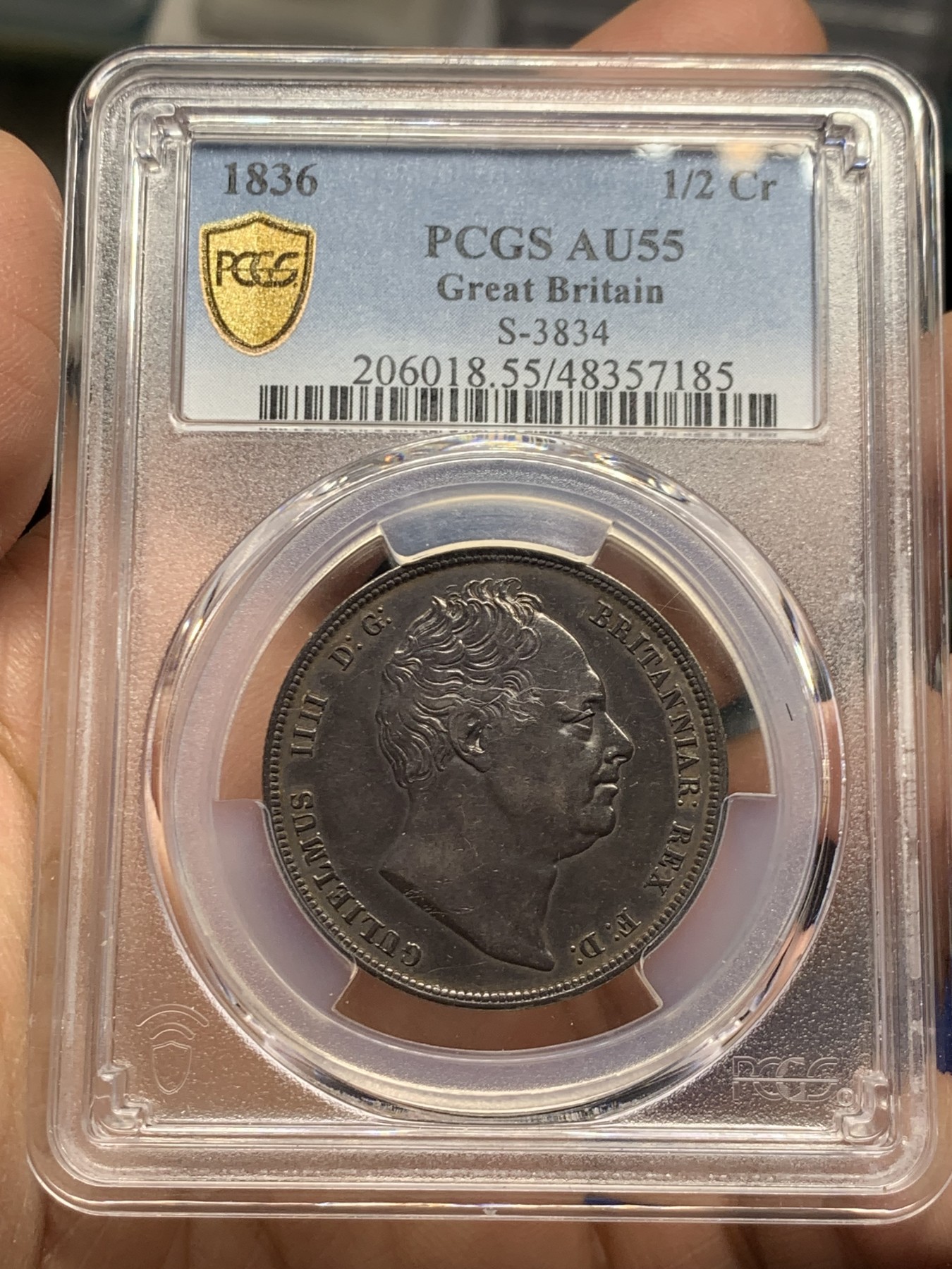 《竞宝斋》第246场-周日，周一 ，周二3场连拍 (全场包邮) PCGS AU55 英国1836年威四半克朗银币 包浆漂亮