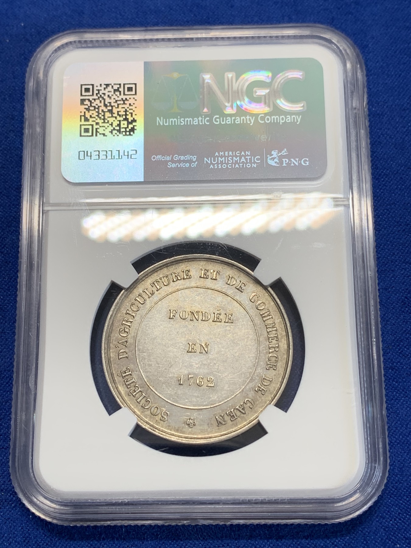 《竞宝斋》第246场-周日，周一 ，周二3场连拍 (全场包邮) NGC MS61 法国卡昂农业协会银制奖章，丰饶角边铭