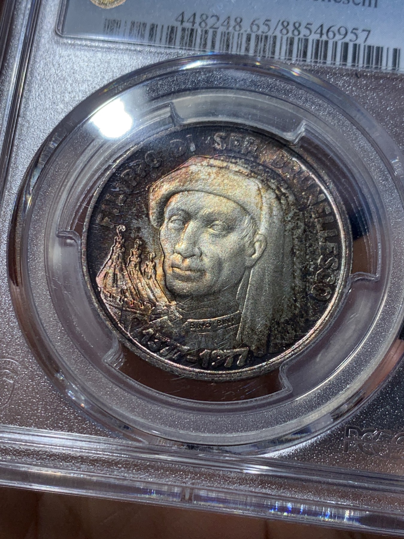 《竞宝斋》第246场-周日，周一 ，周二3场连拍 (全场包邮) PCGS MS65 圣马力诺1977年圣母百花大教堂建筑师——菲利普1000里拉纪念银币