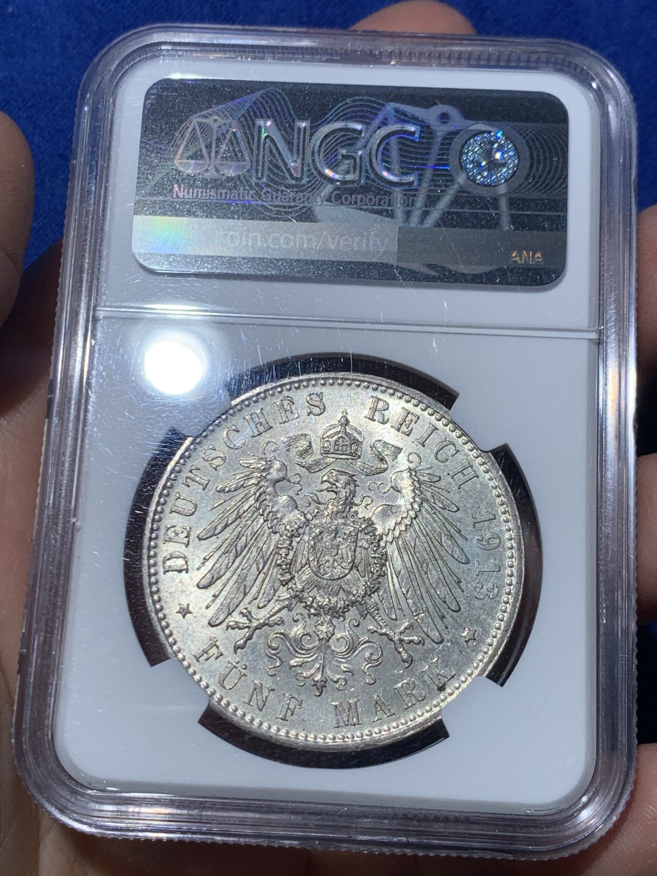 《竞宝斋》第246场-周日，周一 ，周二3场连拍 (全场包邮) NGC-MS62 德国1913巴伐利亚奥托5马克  奥托国王大银上ms较难得 原光状态 稀奇成交价均在1500元左右