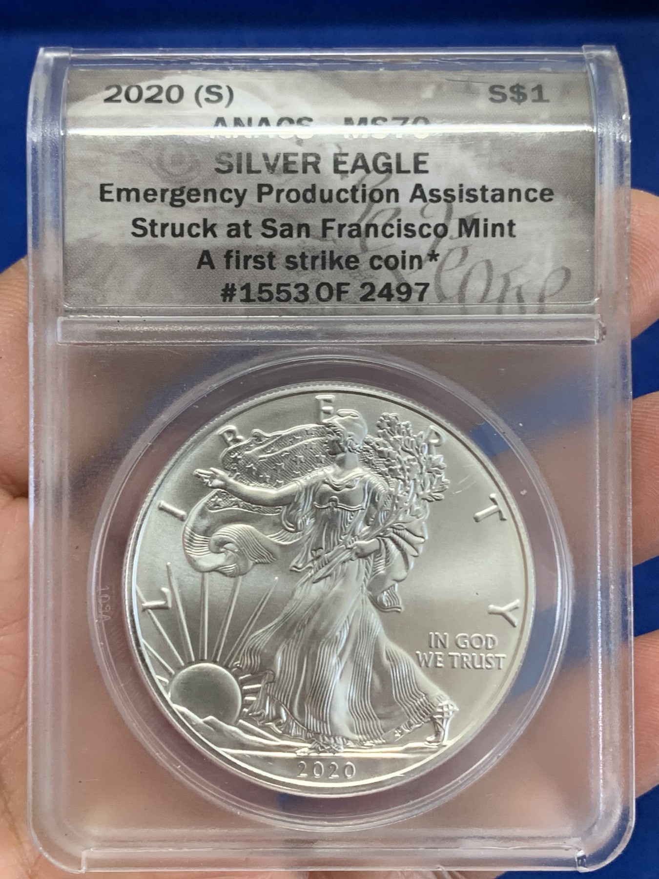 《竞宝斋》第246场-周日，周一 ，周二3场连拍 (全场包邮) ANACS-MS70 美国 2020年 旧金山造币厂紧急铸造 首批铸造认证 1盎司投资银币 少见特殊标签 铸造量不到26万枚