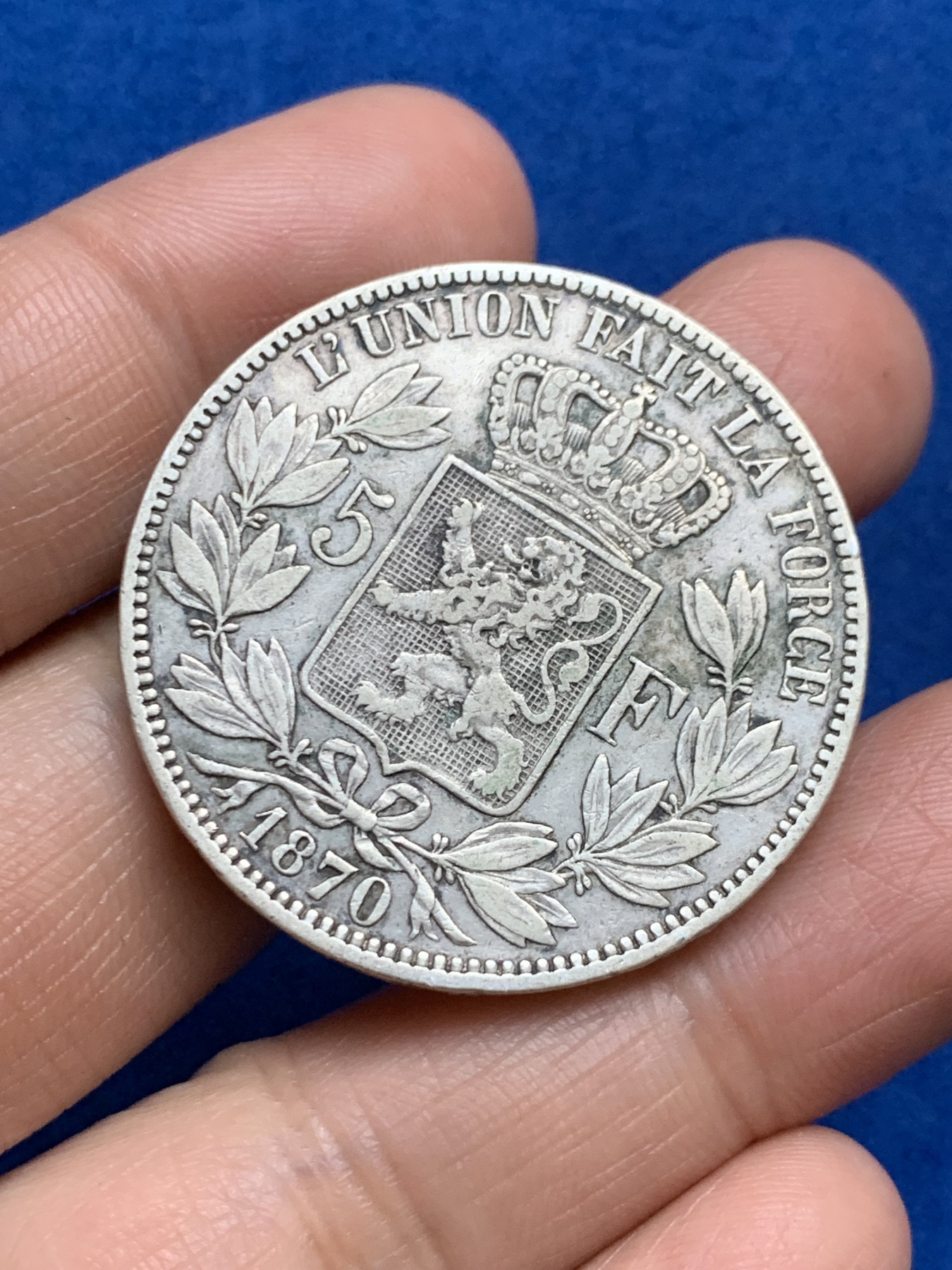 《竞宝斋》第246场-周日，周一 ，周二3场连拍 (全场包邮) 比利时1870年利奥波德二世5法郎银币