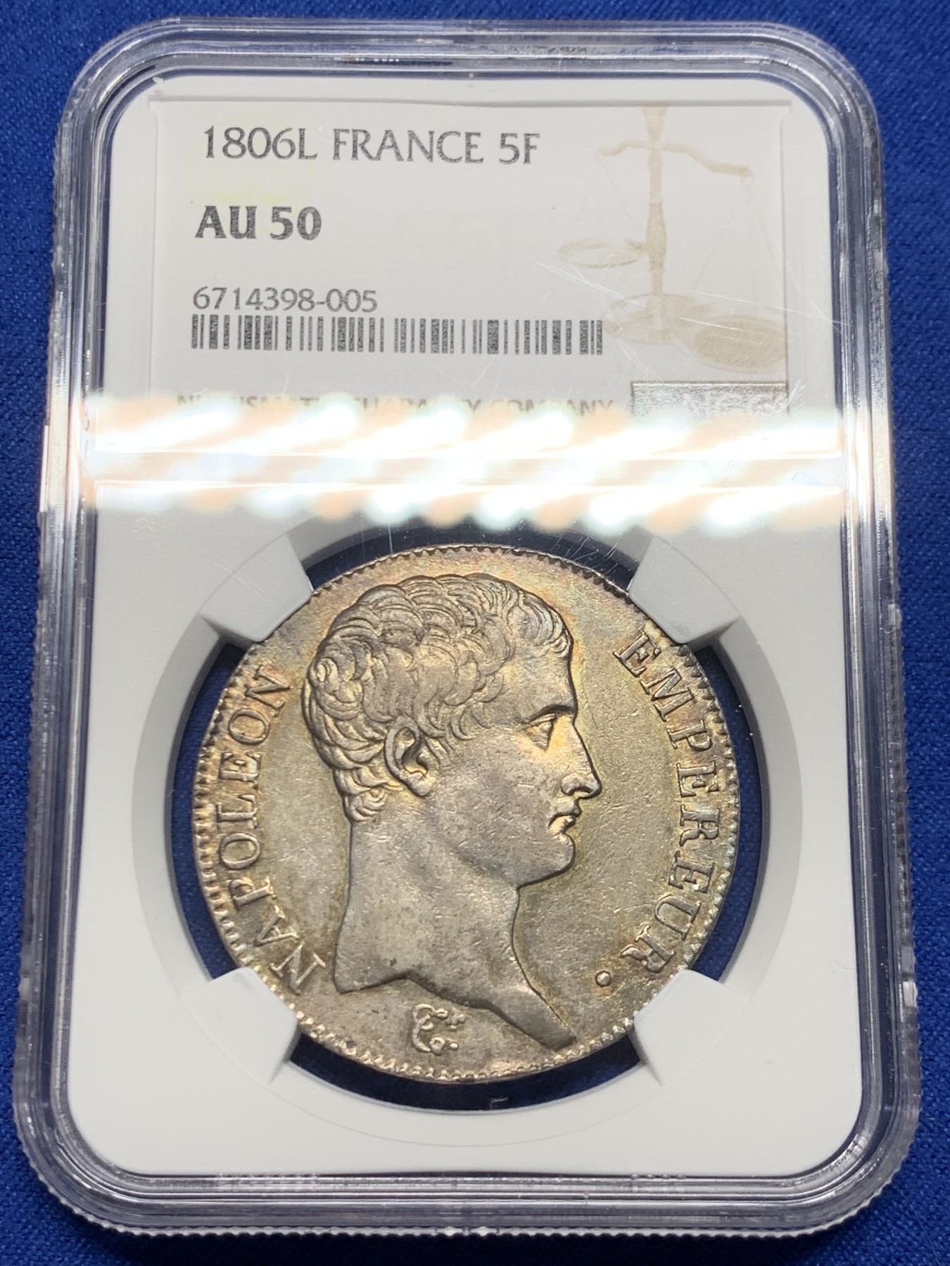 《竞宝斋》第246场-周日，周一 ，周二3场连拍 (全场包邮) NGC AU50 法国1806年拿破仑一世5法郎银币 无冠头像 纪年版少见 淡金彩包浆 非常好
