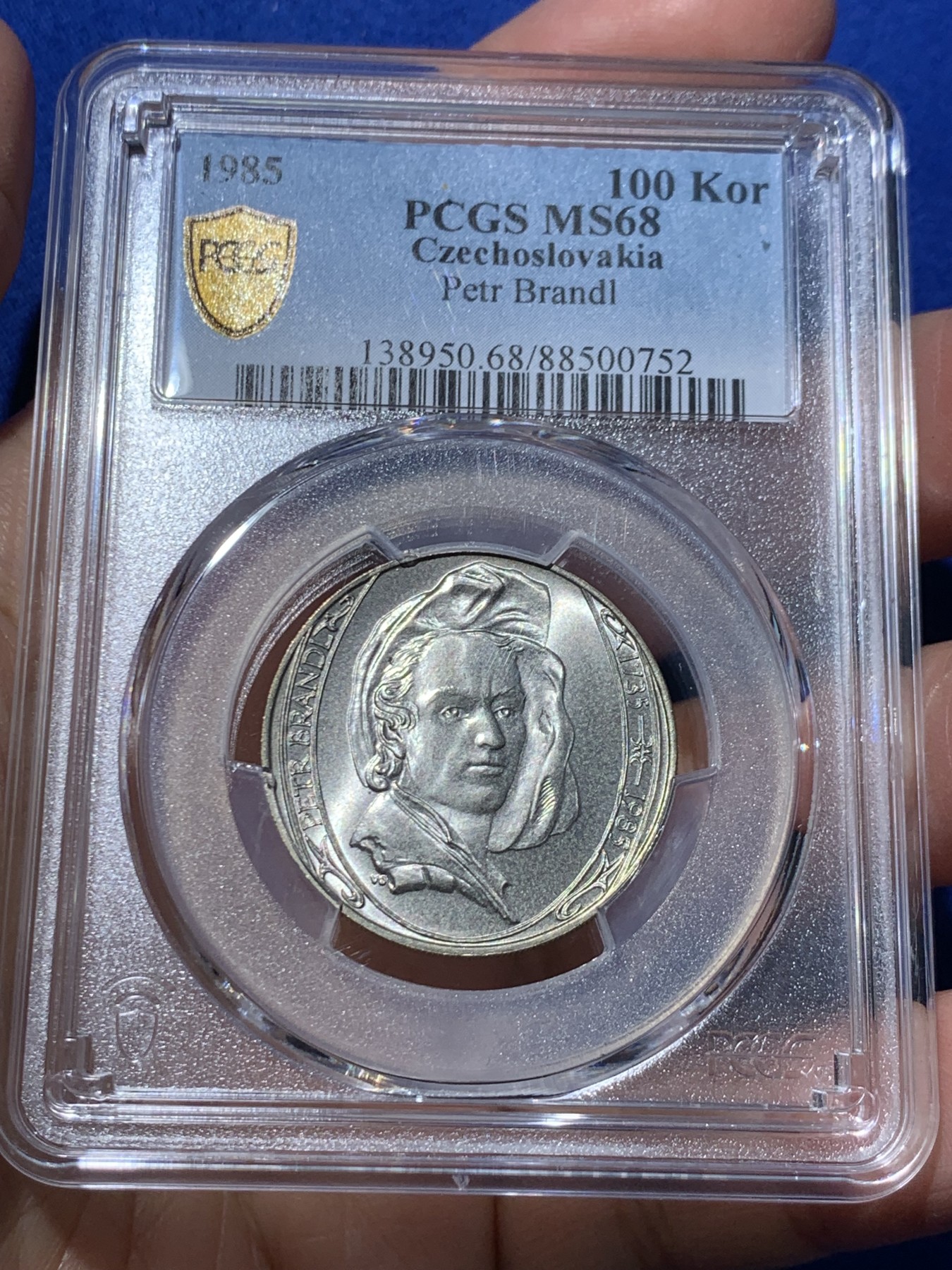 《竞宝斋》第246场-周日，周一 ，周二3场连拍 (全场包邮) PCGS金盾 MS68 捷克斯洛伐克1985年100克朗银币，冠军分