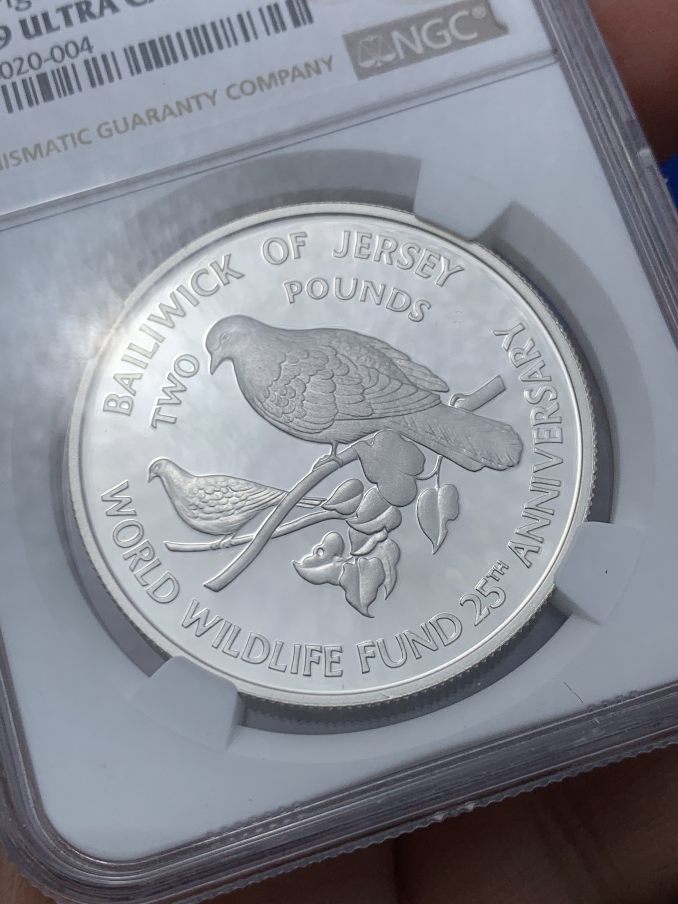 《竞宝斋》第246场-周日，周一 ，周二3场连拍 (全场包邮) NGC PF69UC 泽西1987年2镑鸽子银币