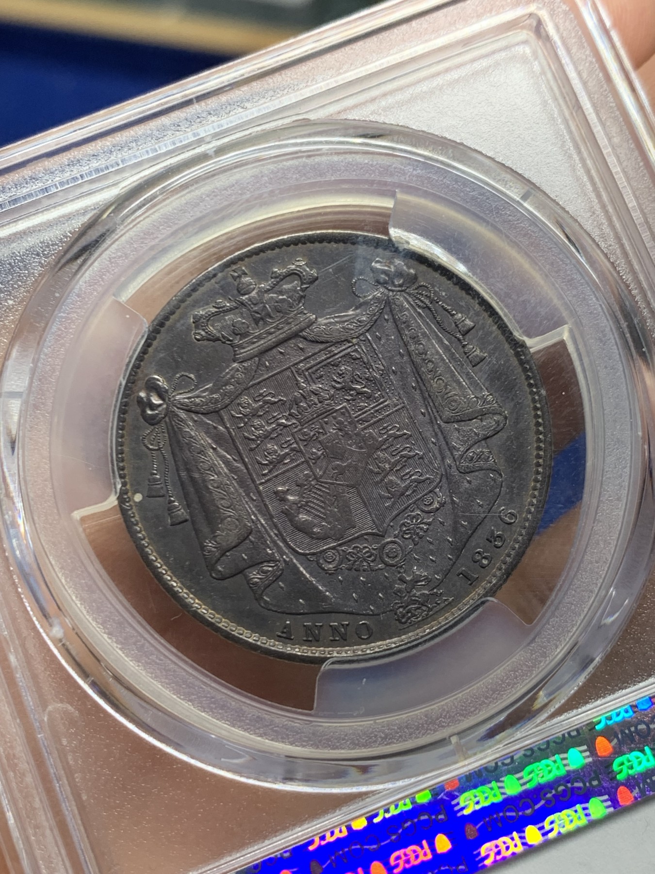 《竞宝斋》第246场-周日，周一 ，周二3场连拍 (全场包邮) PCGS AU55 英国1836年威四半克朗银币 包浆漂亮