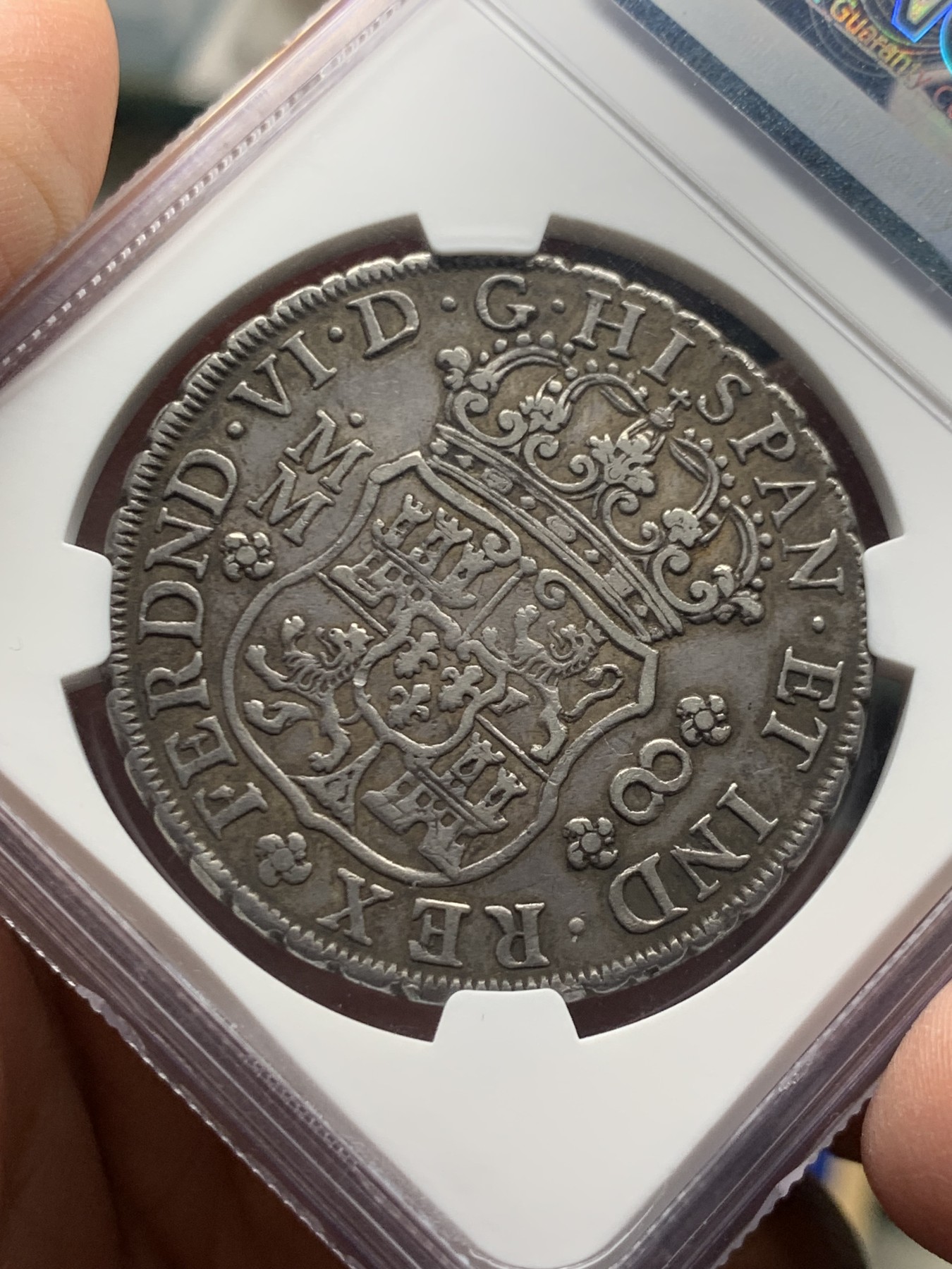 《竞宝斋》第246场-周日，周一 ，周二3场连拍 (全场包邮) NGC XF45 西属墨西哥1755/4地球双柱 少见骑字版 原味老包浆 全深打 味道状态都很不错