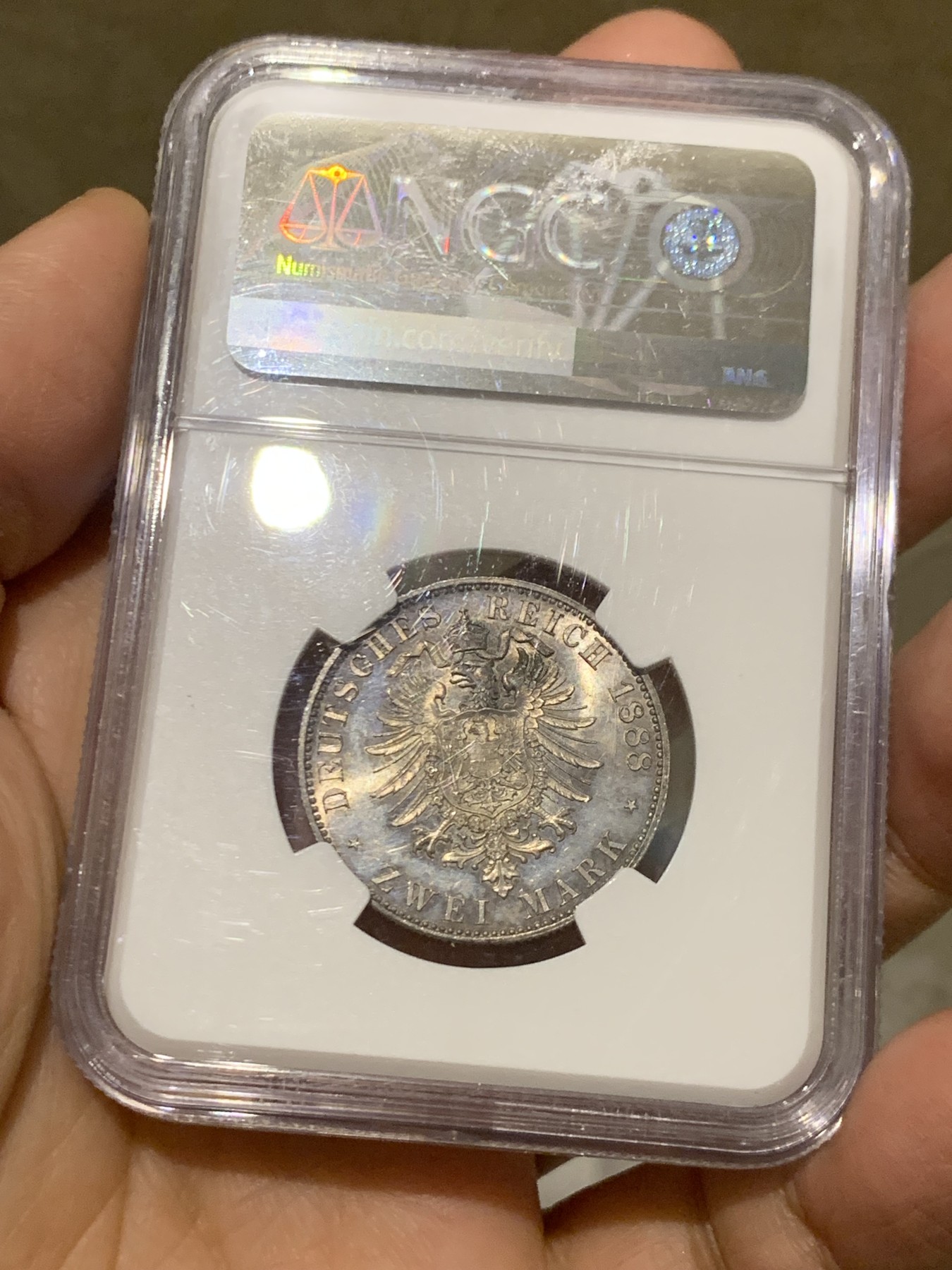 《竞宝斋》第246场-周日，周一 ，周二3场连拍 (全场包邮) NGC MS64+ 德国普鲁士1888三皇年弗里德里希三世 短翅2马克银币 高分好状态