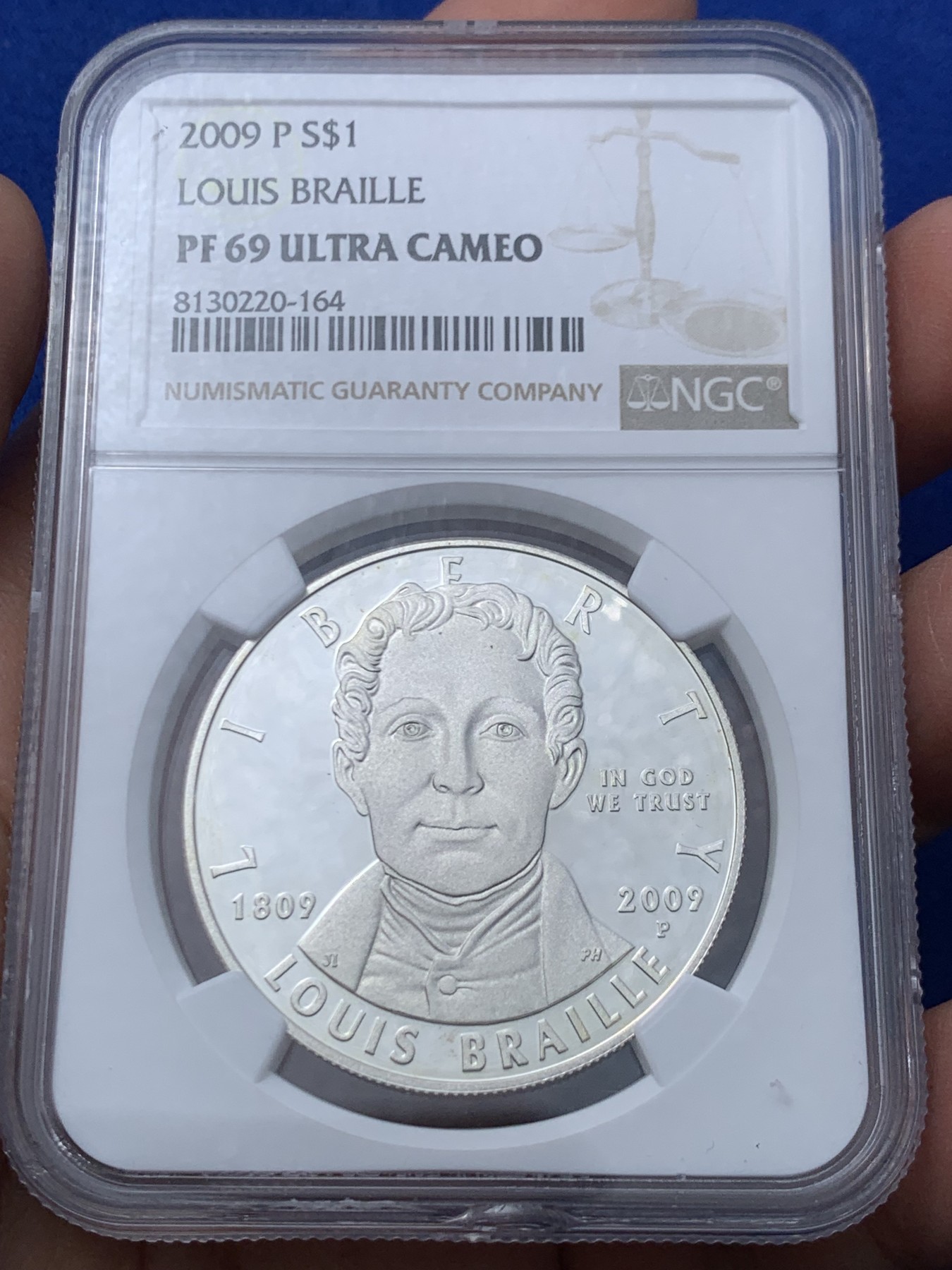 《竞宝斋》第246场-周日，周一 ，周二3场连拍 (全场包邮) NGC PF69UC 美国2009年P版布莱叶1美元精制大银币 盒有磕币完好