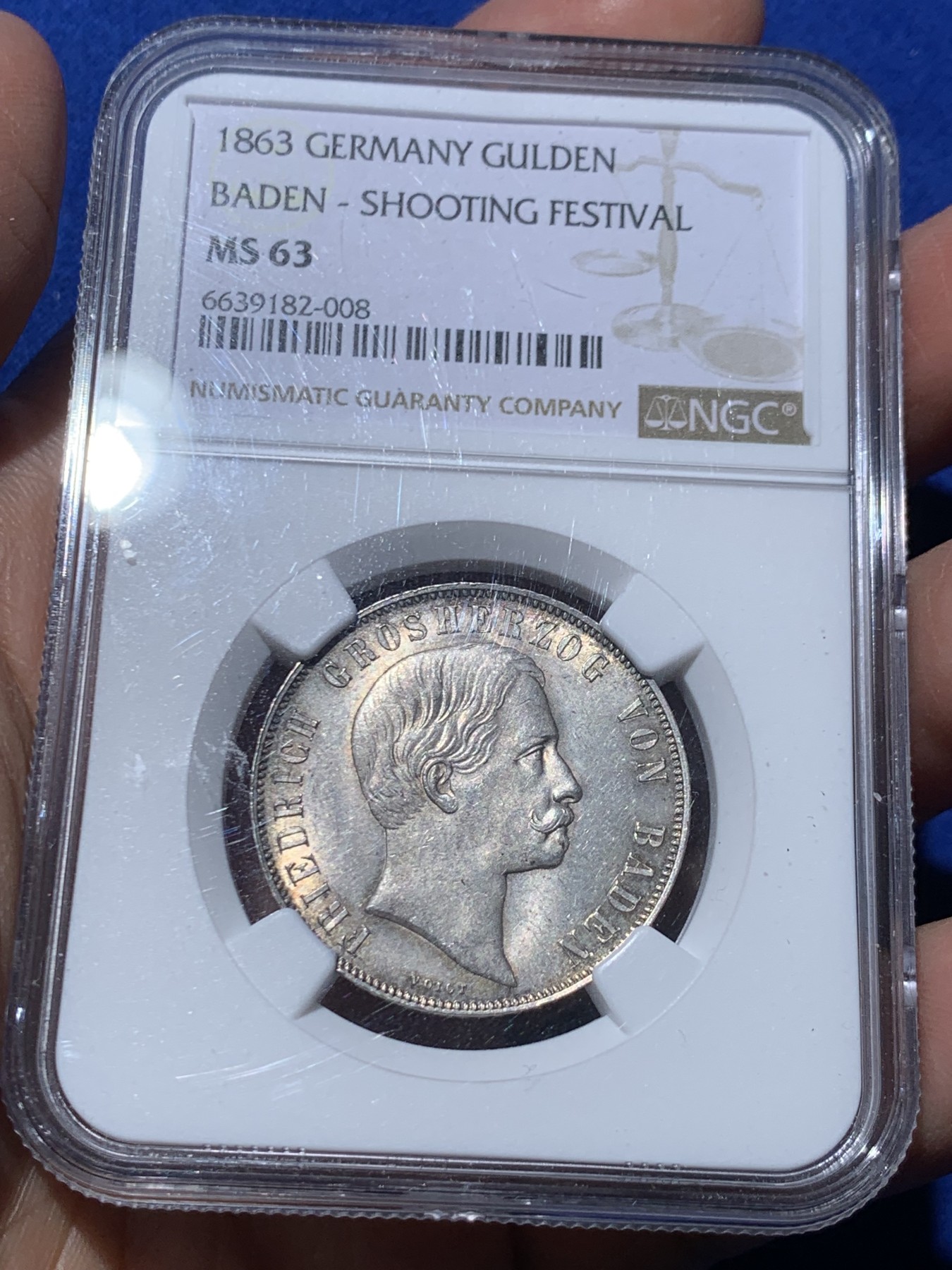 《竞宝斋》第246场-周日，周一 ，周二3场连拍 (全场包邮) NGC MS63 德国巴登1863年射击节1盾银币 少见品种 状态非常好