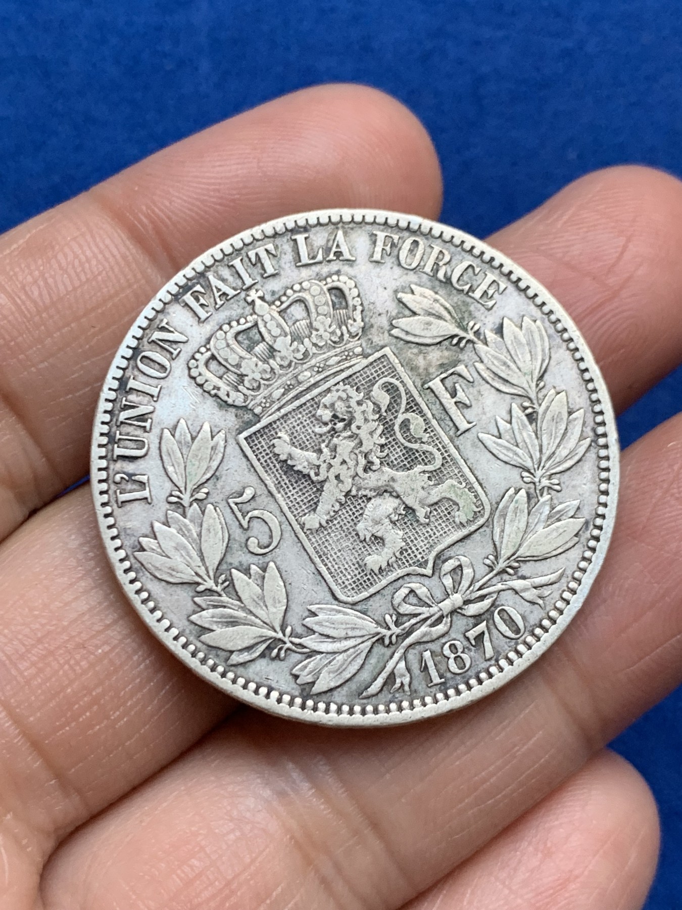 《竞宝斋》第246场-周日，周一 ，周二3场连拍 (全场包邮) 比利时1870年利奥波德二世5法郎银币